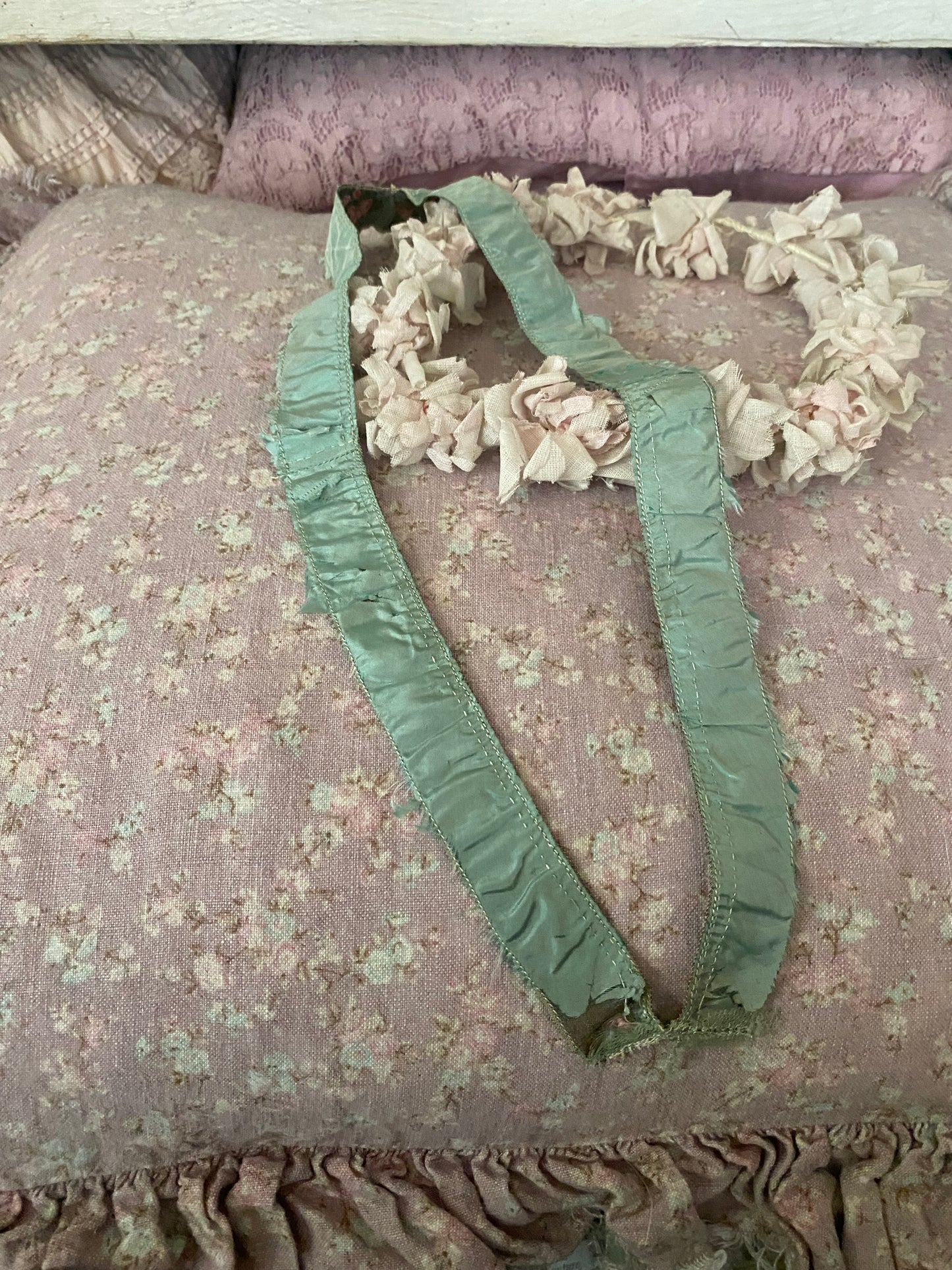Antique French Ribbon Trim Pink Roses