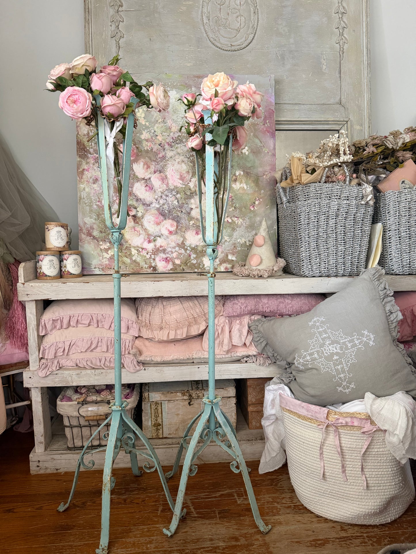 Pair Antique Blue Chippy Shabby Chic Metal Flower Stands