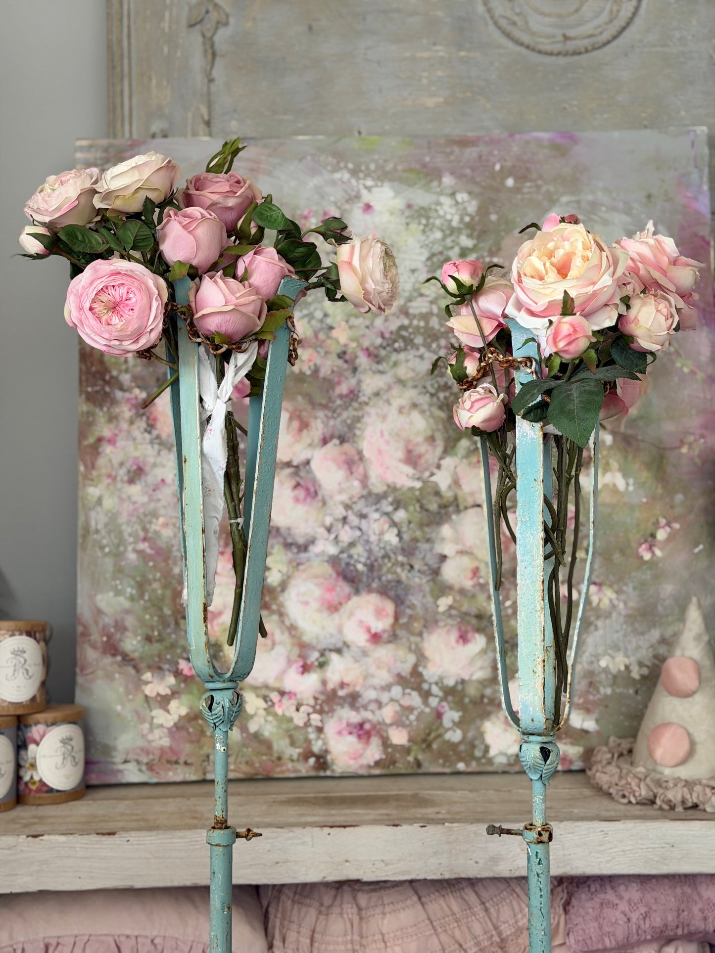Pair Antique Blue Chippy Shabby Chic Metal Flower Stands