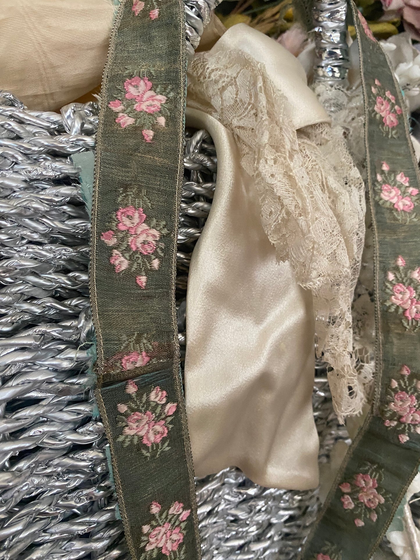 Antique French Ribbon Trim Pink Roses