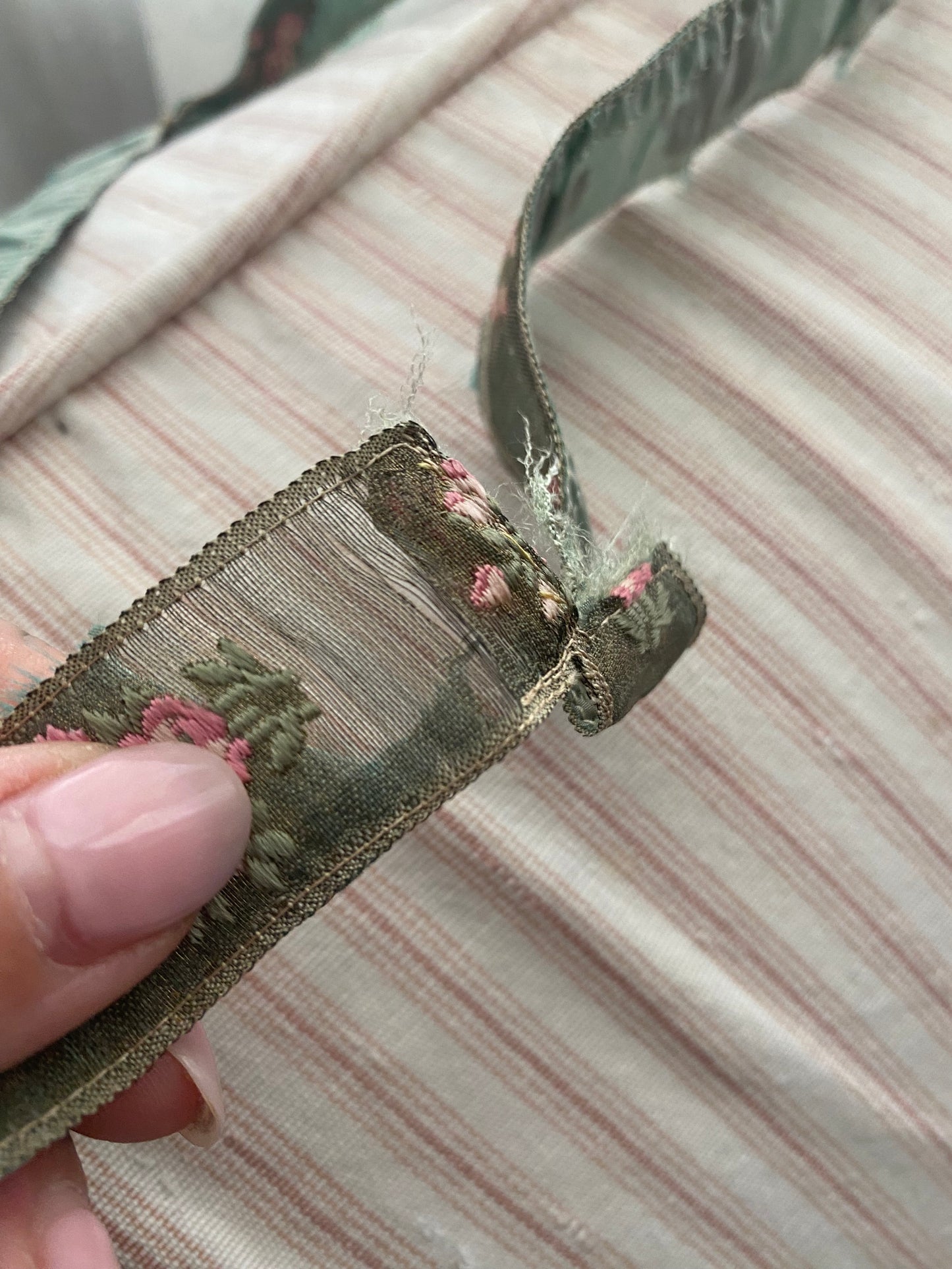 Antique French Ribbon Trim Pink Roses