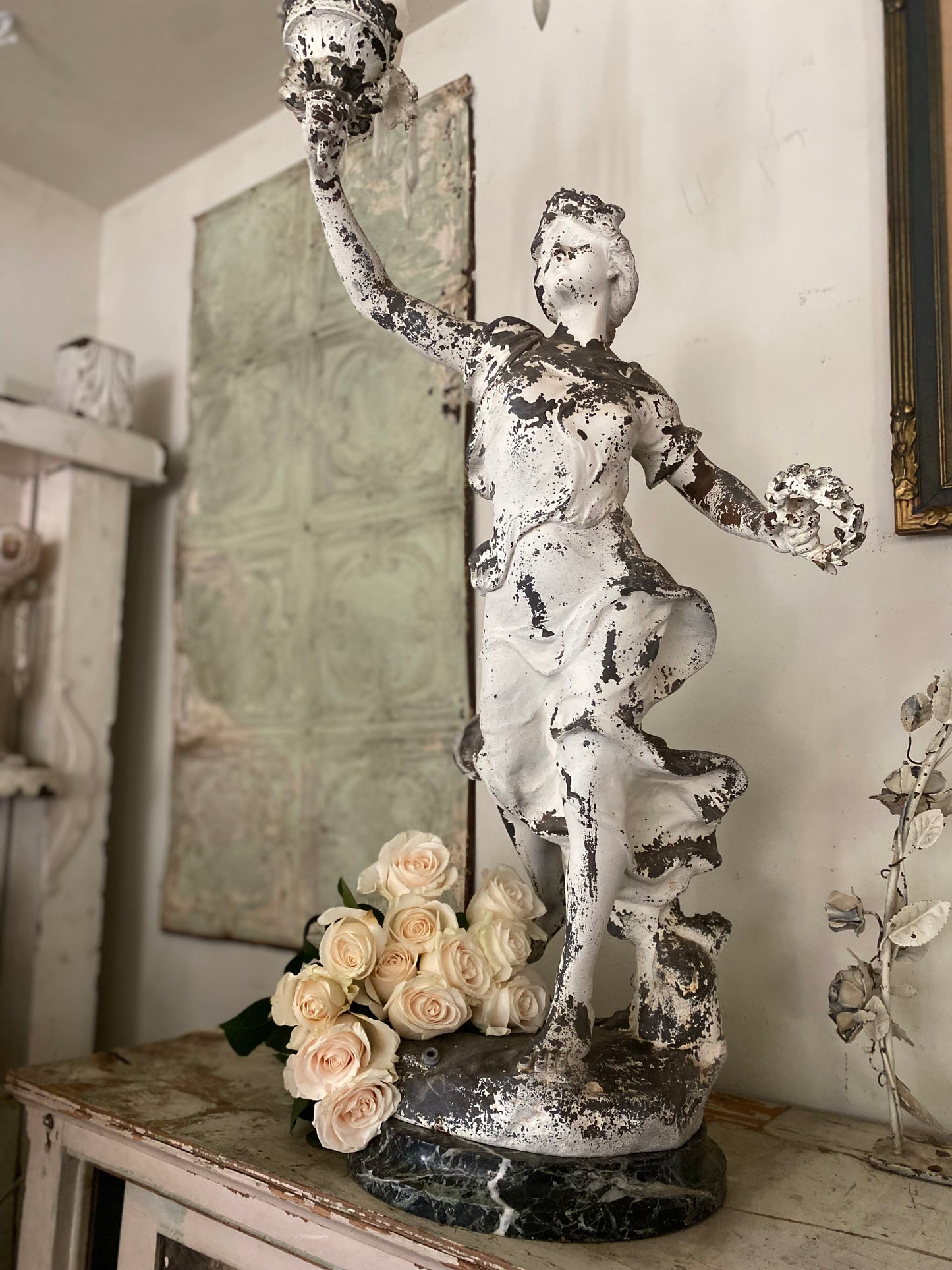 RARE Antique Marble Iron Figural Lamp