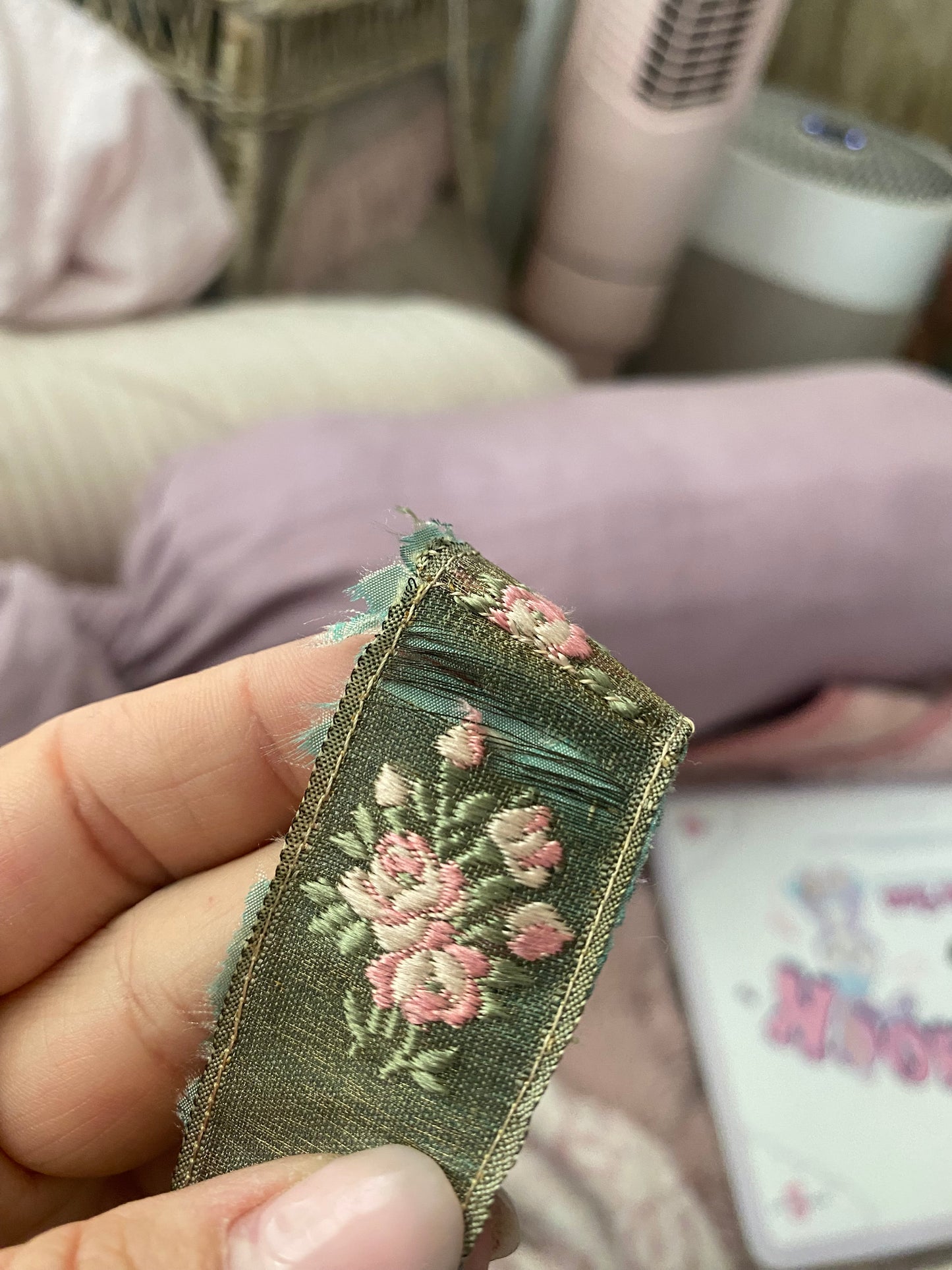 Antique French Ribbon Trim Pink Roses