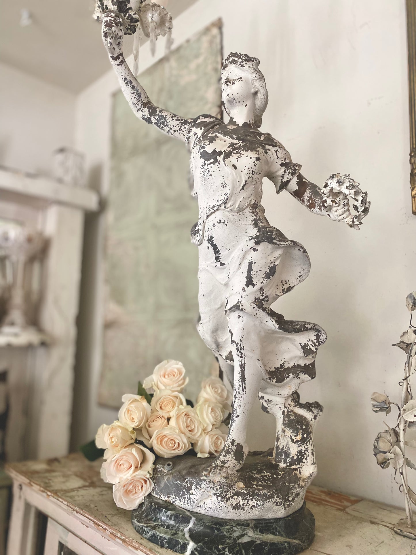 RARE Antique Marble Iron Figural Lamp