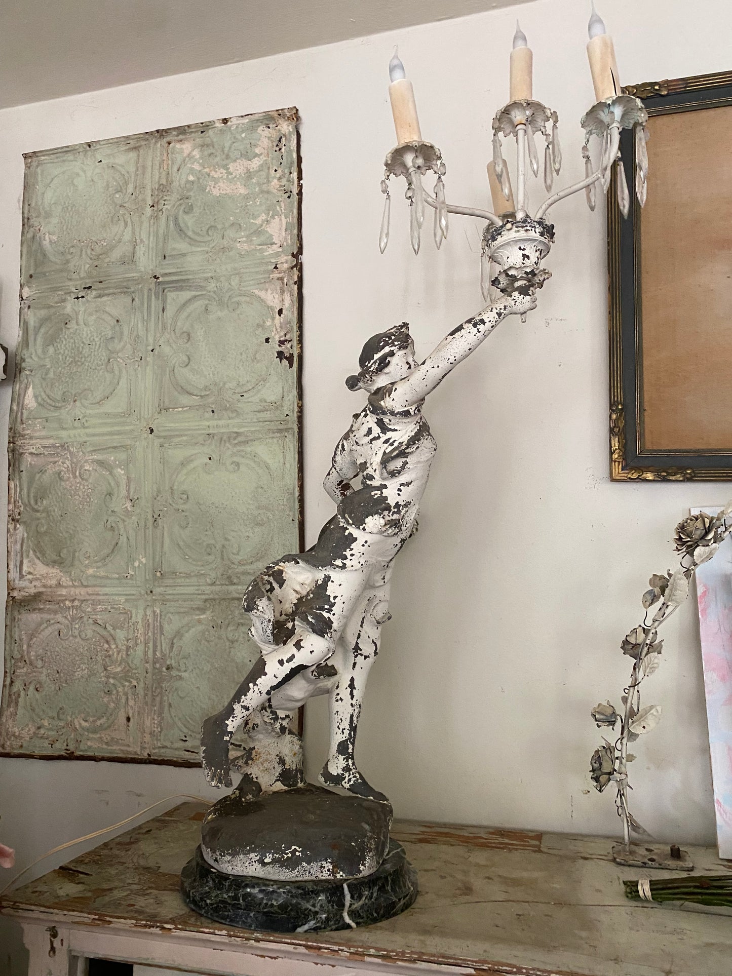 RARE Antique Marble Iron Figural Lamp