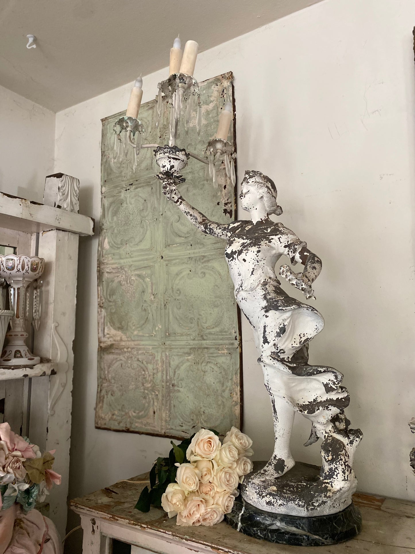 RARE Antique Marble Iron Figural Lamp