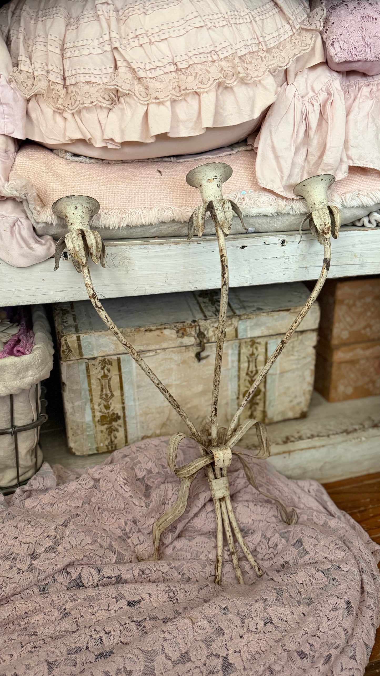 Pair Vintage White Chippy Metal Candelabra Sconces