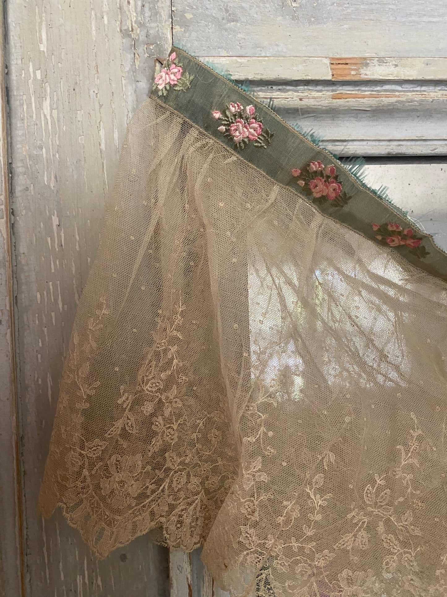 RARE Antique French Chantilly Lace Pink Rose Ribbon Flounce