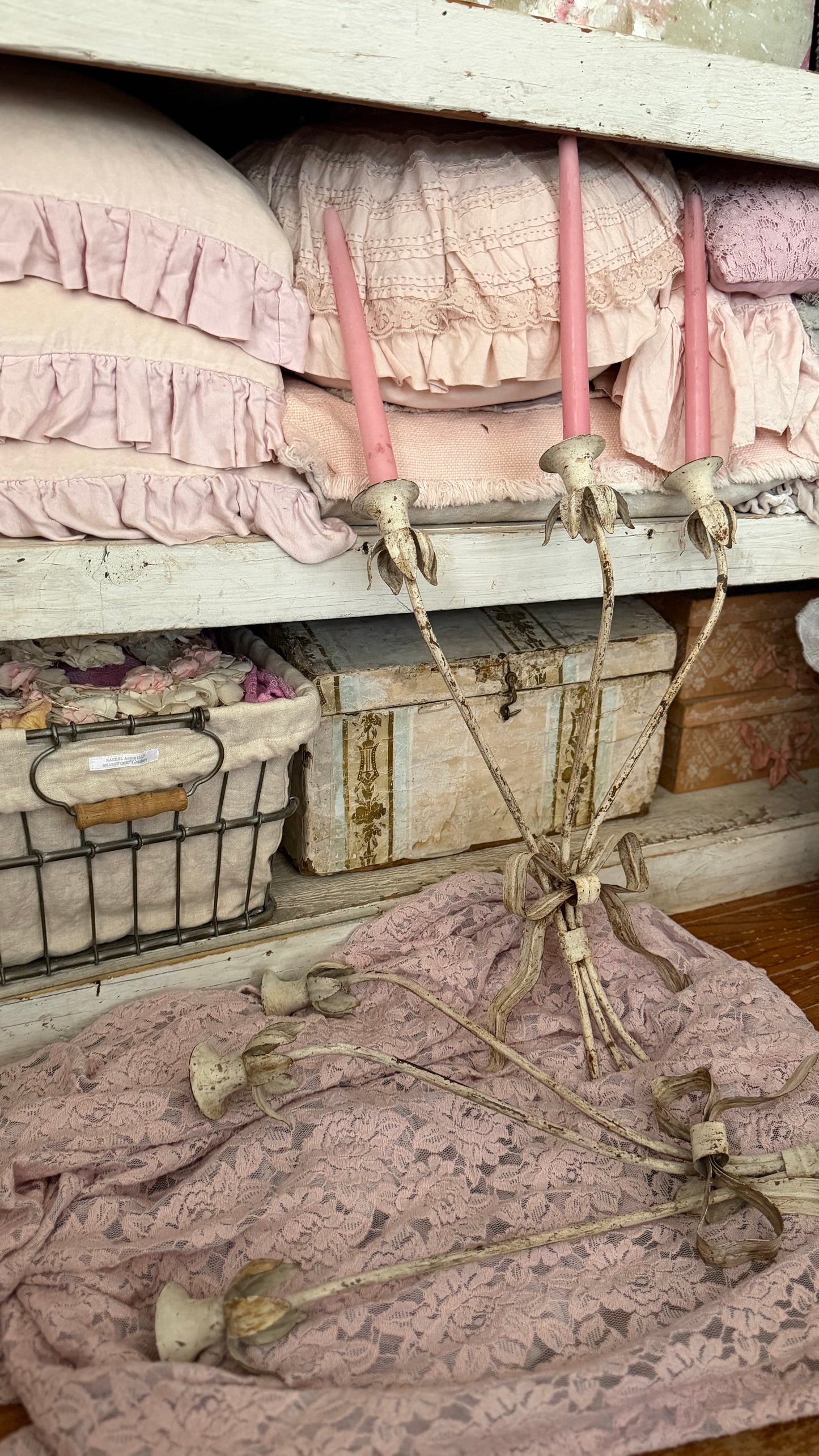 Pair Vintage White Chippy Metal Candelabra Sconces
