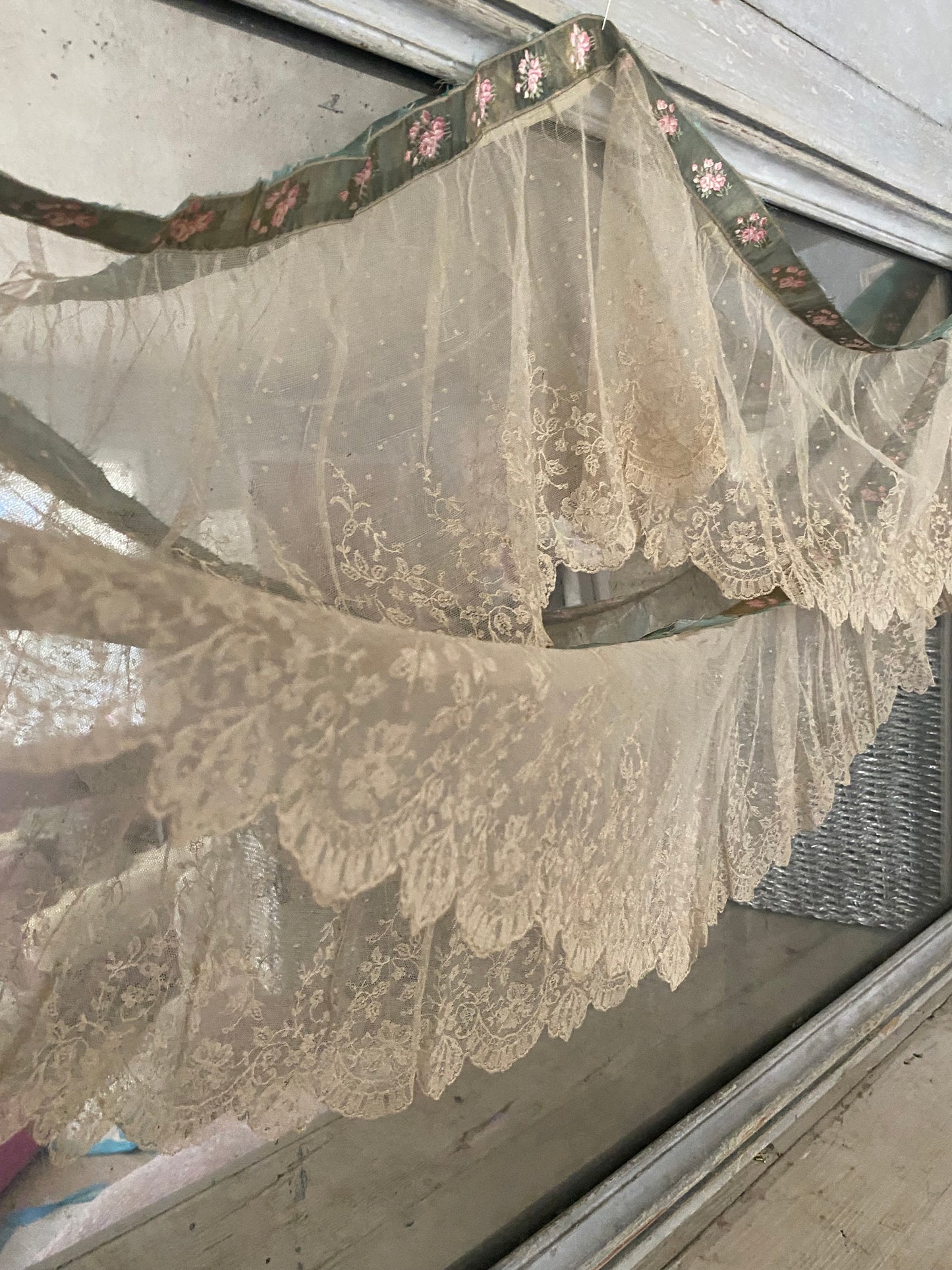 RARE Antique French Chantilly Lace Pink Rose Ribbon Flounce