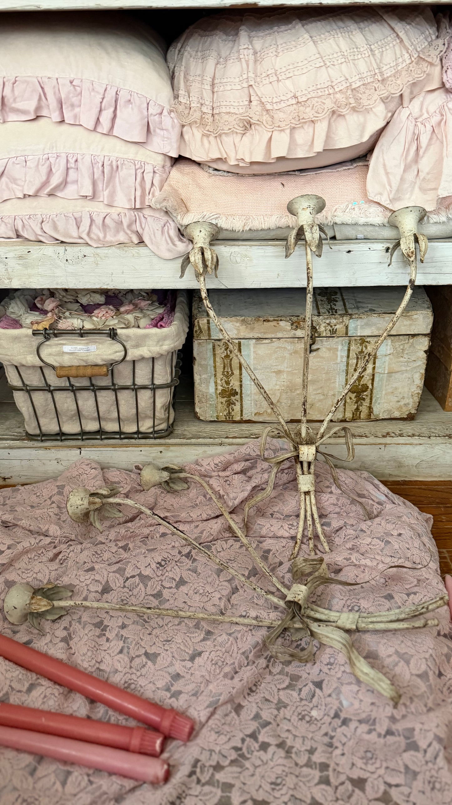 Pair Vintage White Chippy Metal Candelabra Sconces