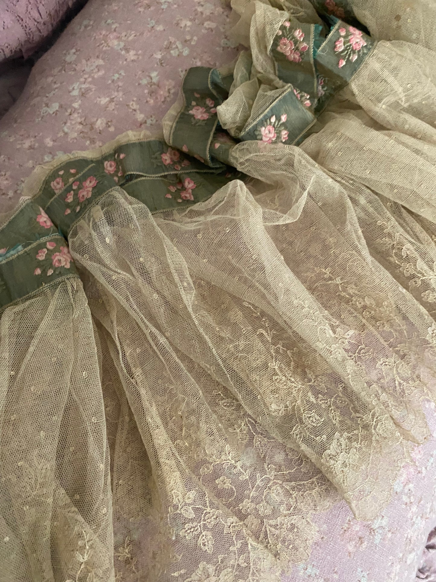 RARE Antique French Chantilly Lace Pink Rose Ribbon Flounce