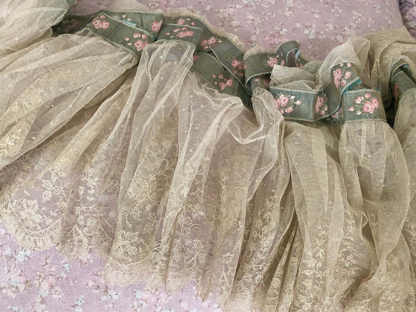 RARE Antique French Chantilly Lace Pink Rose Ribbon Flounce