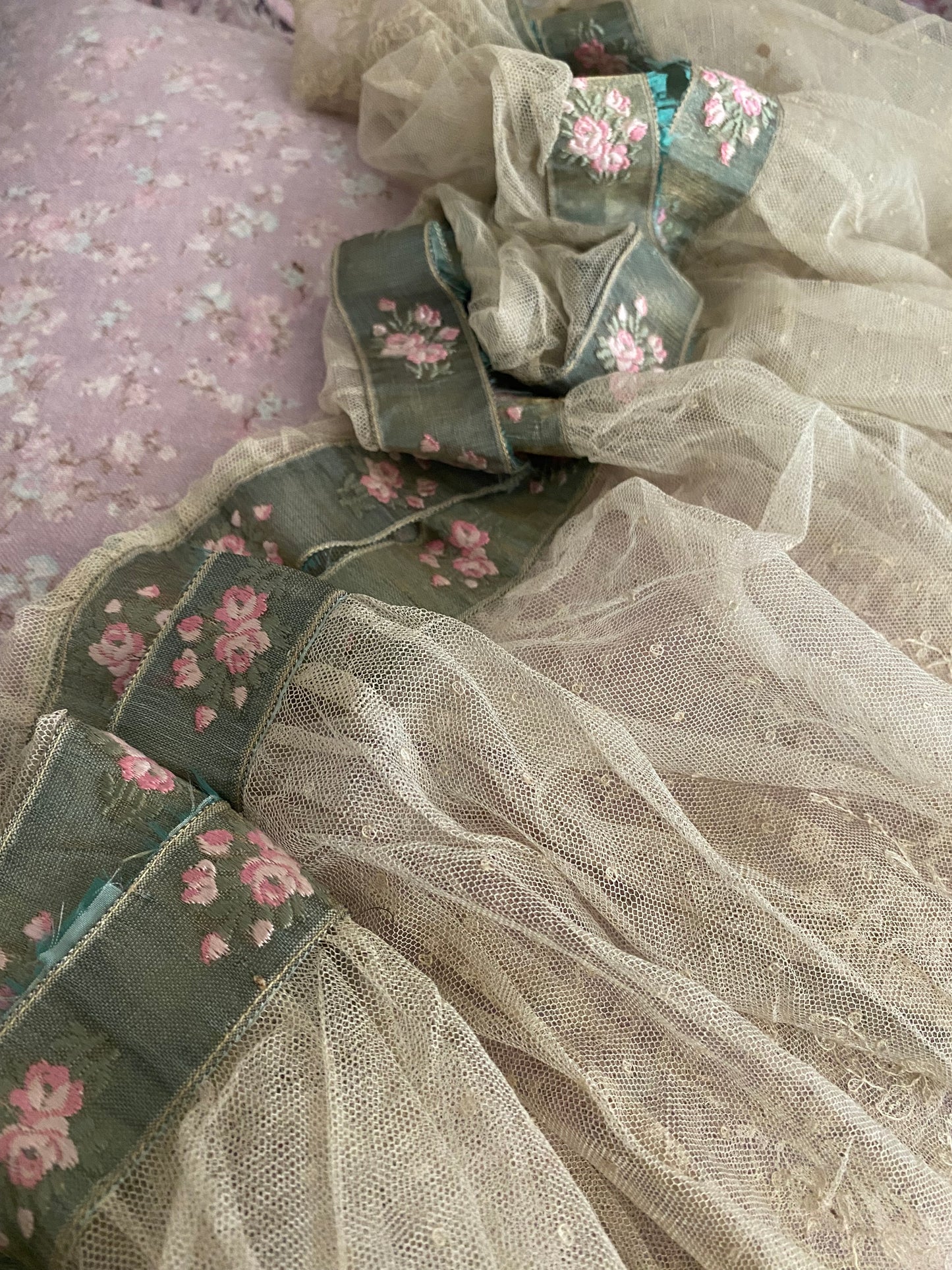 RARE Antique French Chantilly Lace Pink Rose Ribbon Flounce