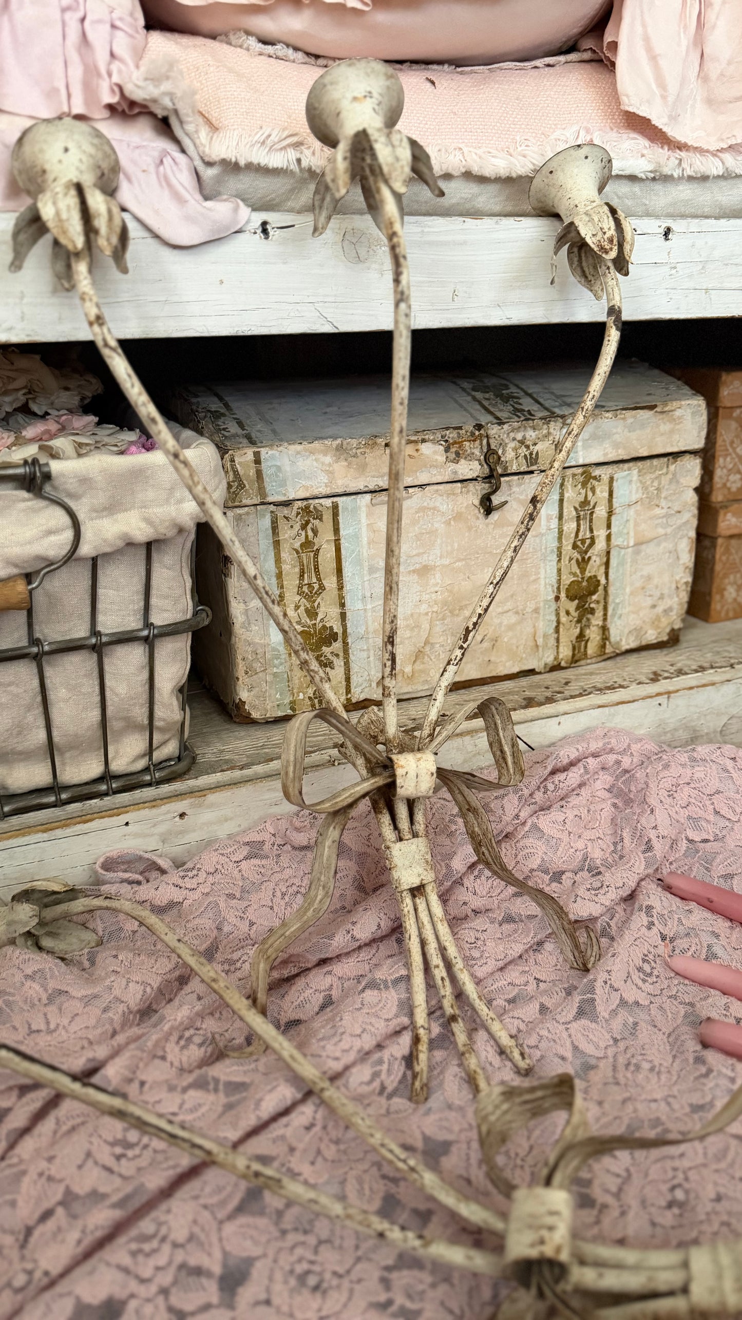 Pair Vintage White Chippy Metal Candelabra Sconces