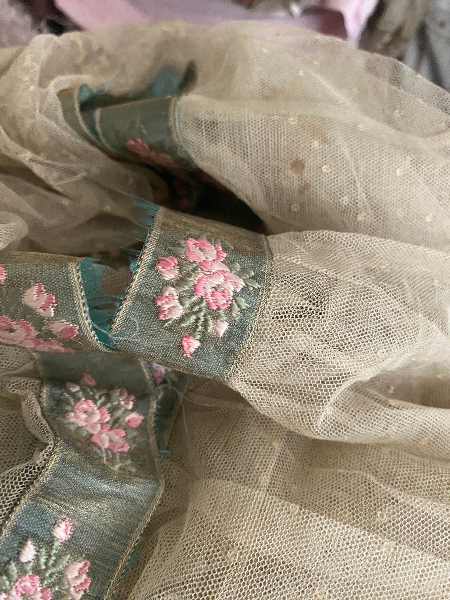 RARE Antique French Chantilly Lace Pink Rose Ribbon Flounce