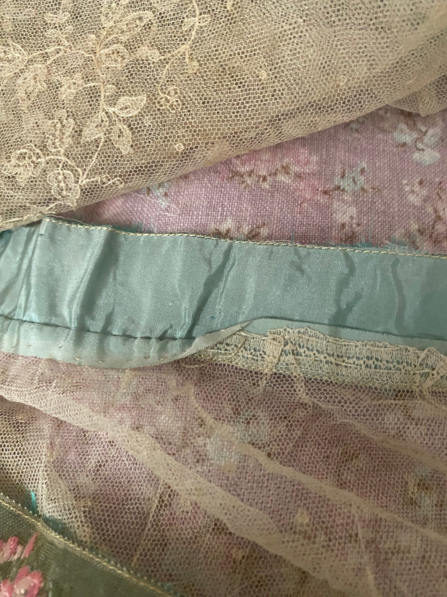 RARE Antique French Chantilly Lace Pink Rose Ribbon Flounce