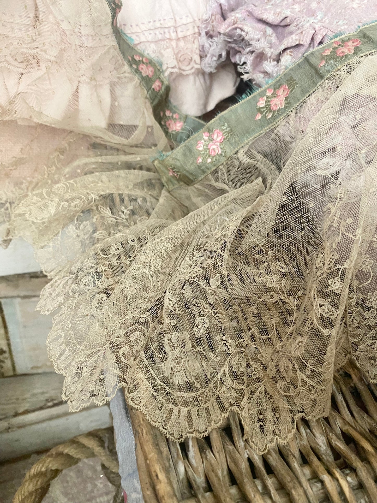 RARE Antique French Chantilly Lace Pink Rose Ribbon Flounce