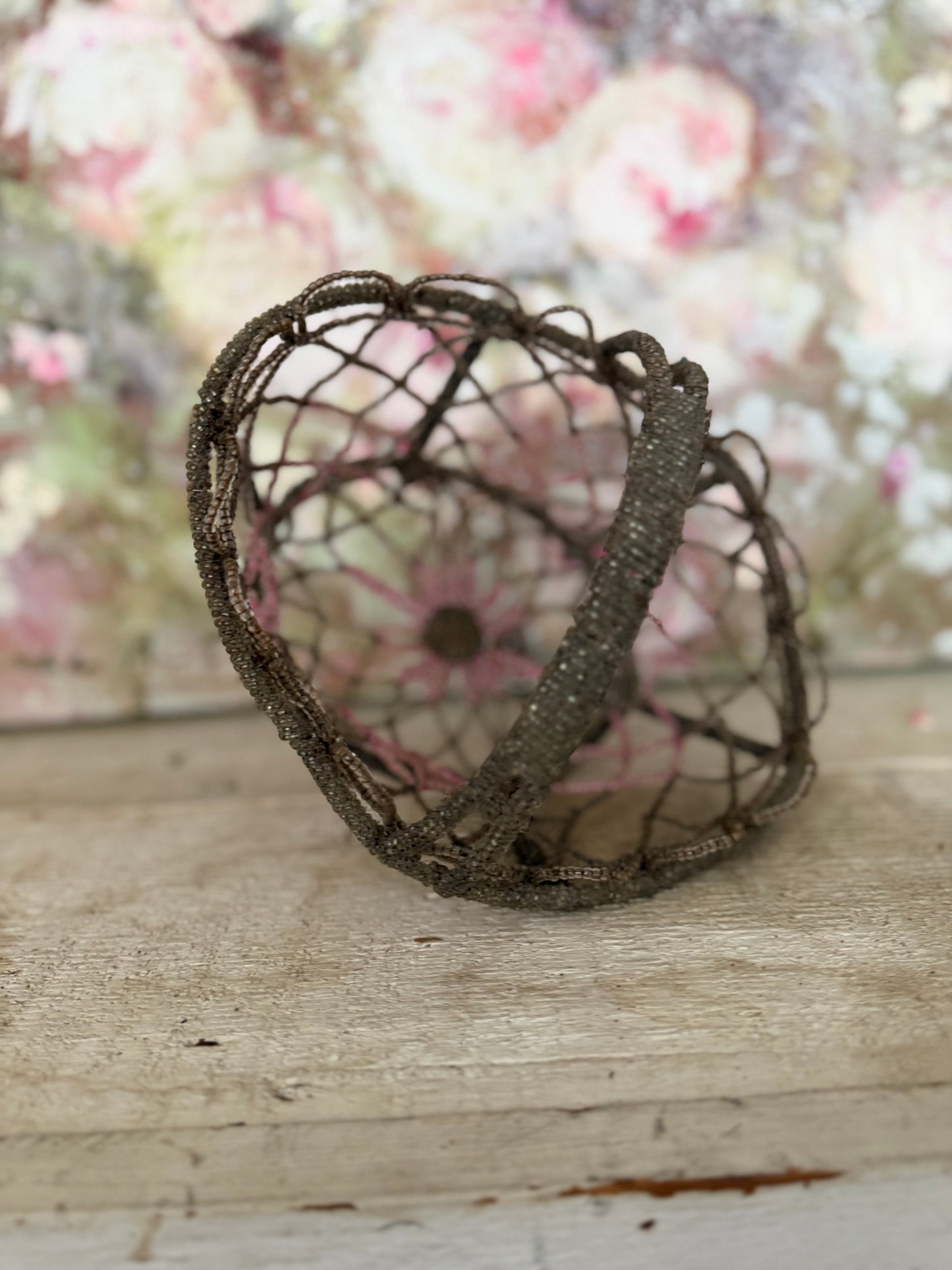 Vintage Beaded Basket Pink Floral