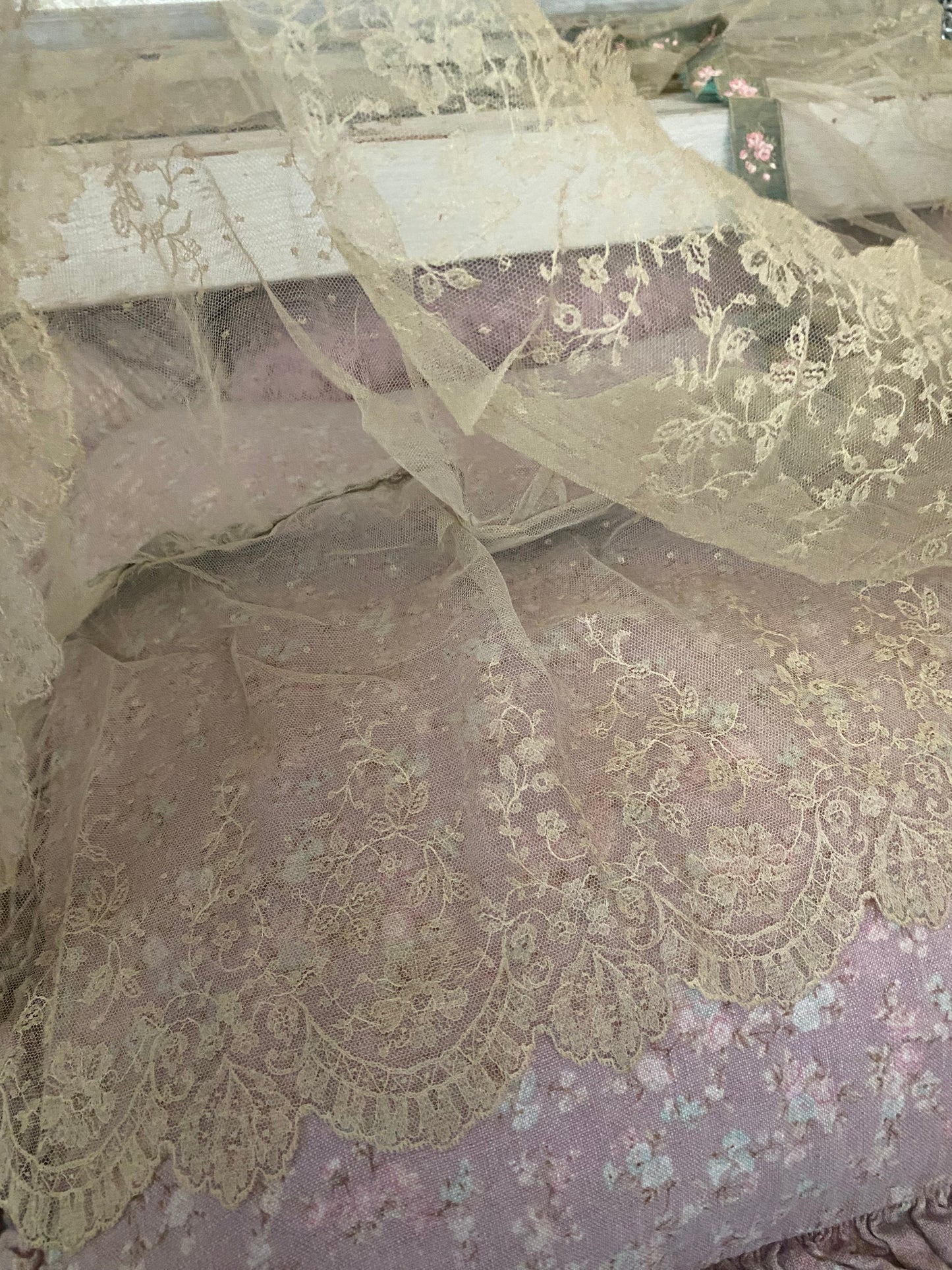 RARE Antique French Chantilly Lace Pink Rose Ribbon Flounce