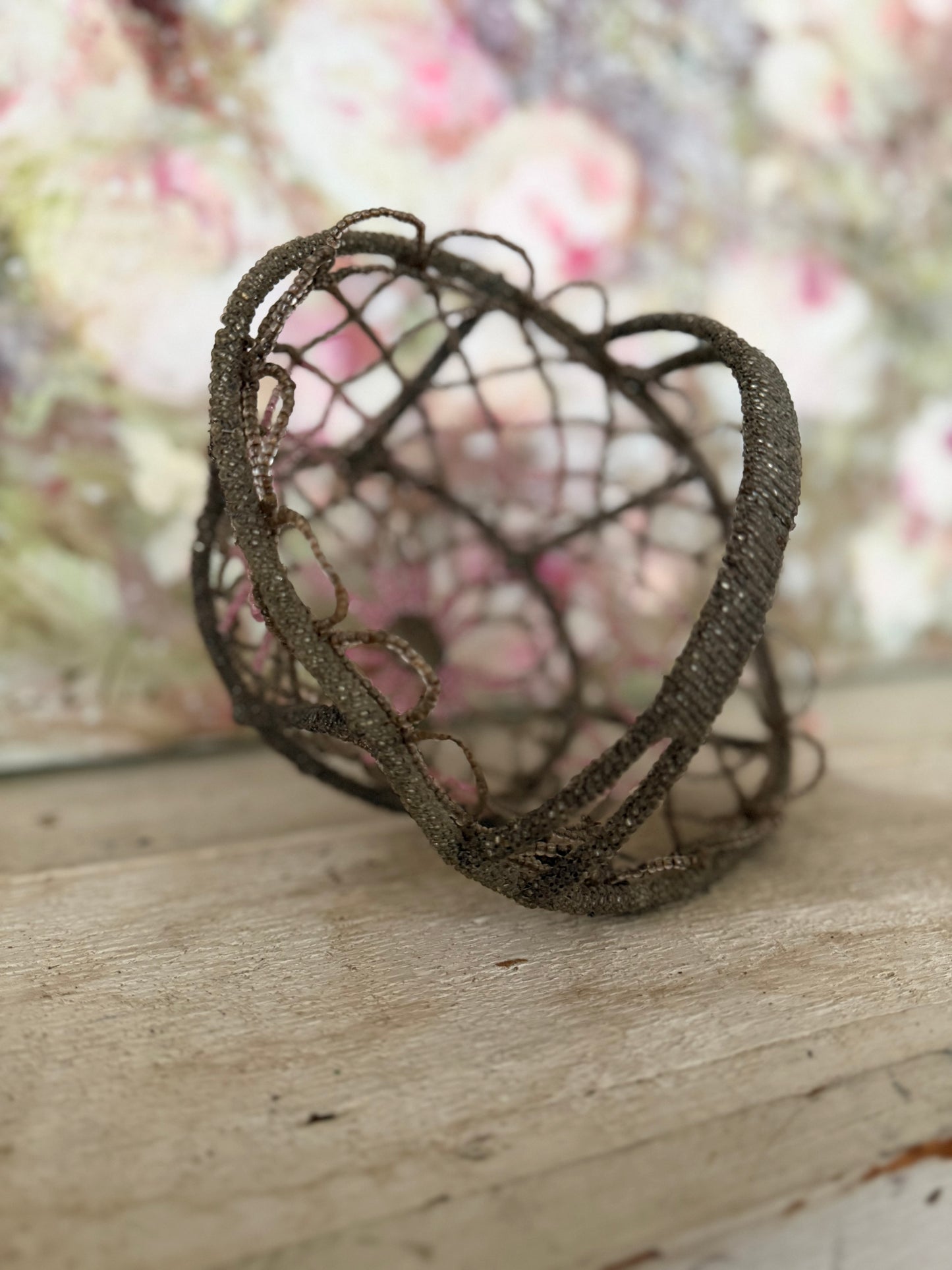 Vintage Beaded Basket Pink Floral