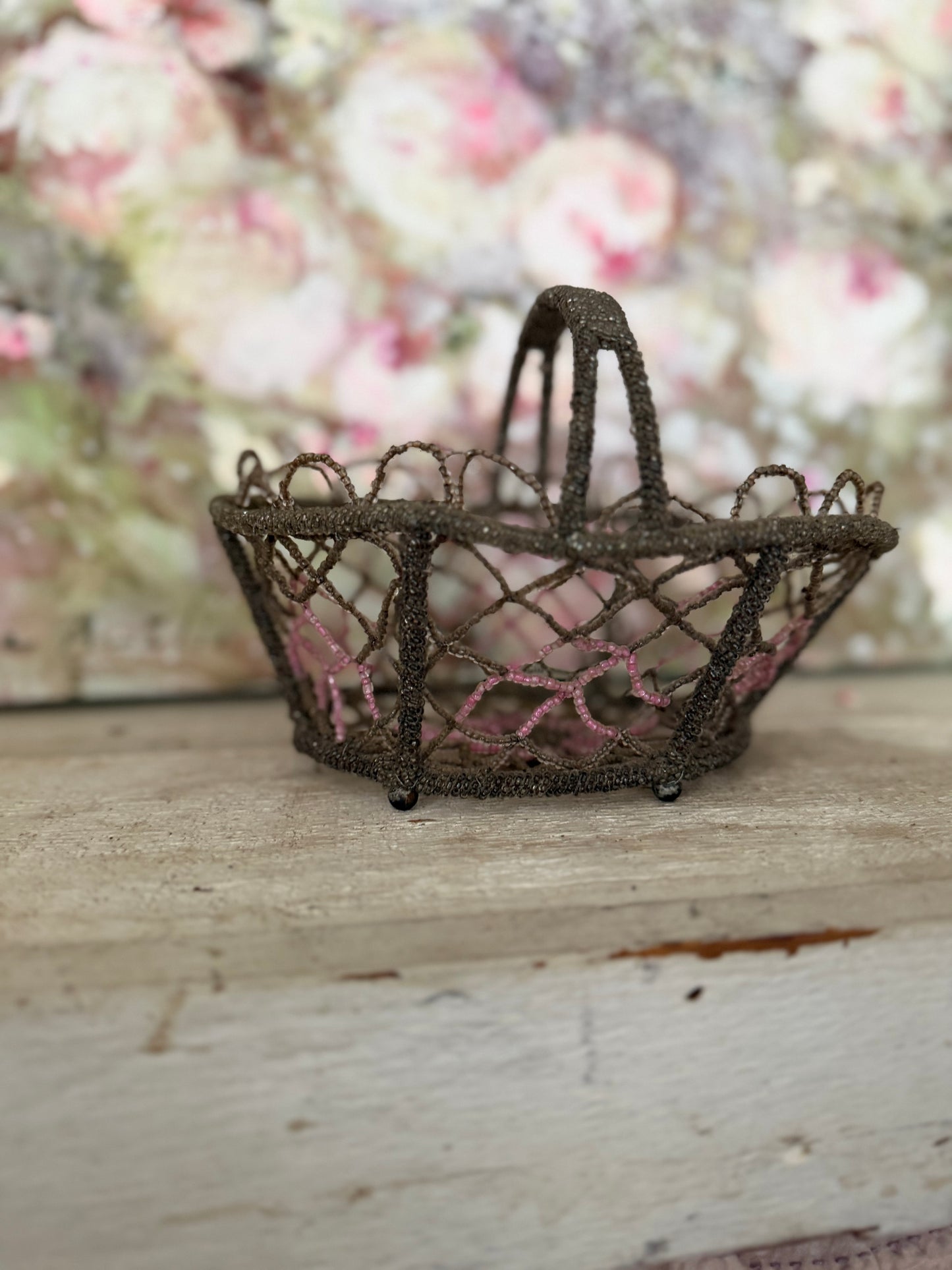 Vintage Beaded Basket Pink Floral