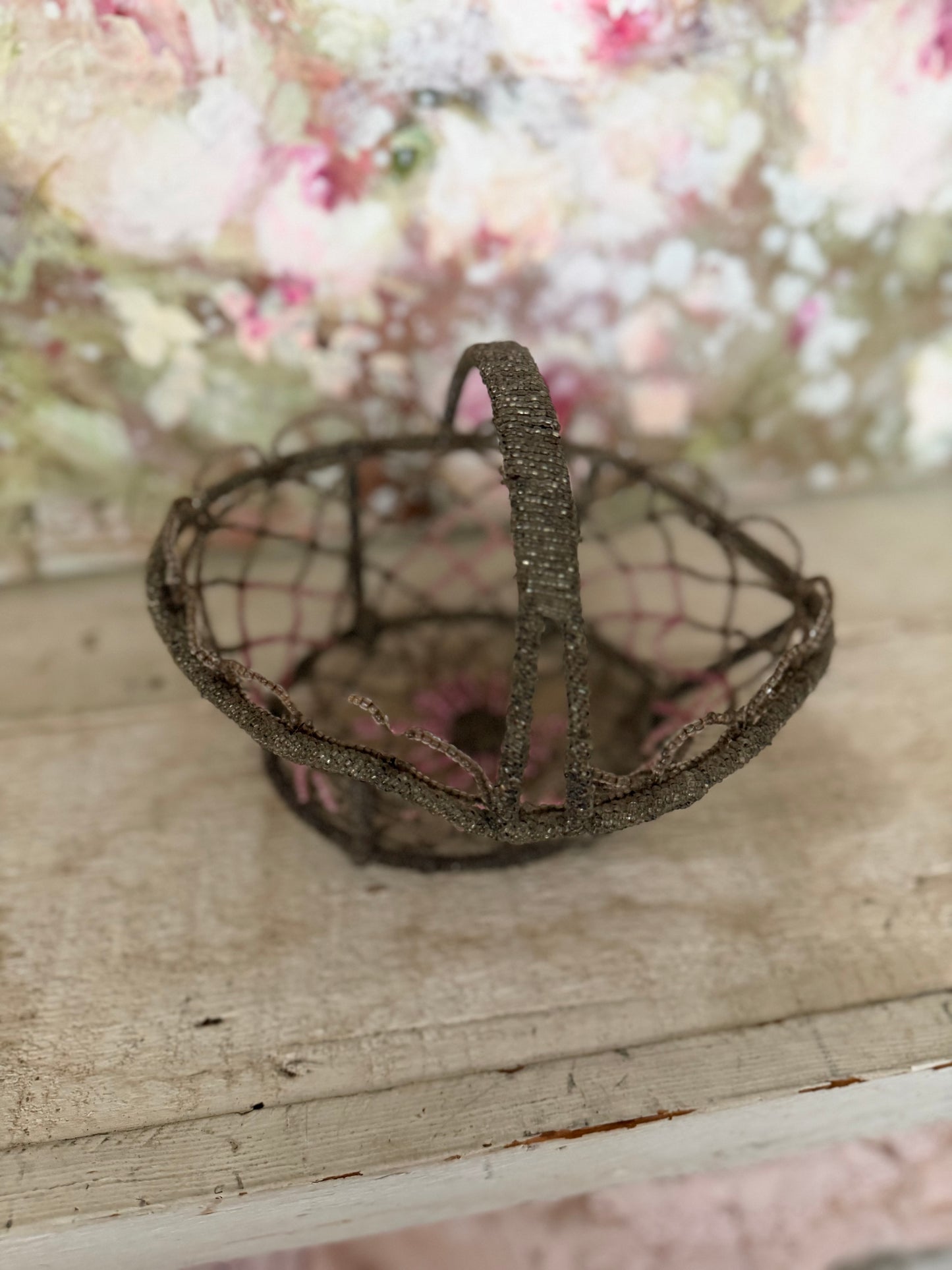 Vintage Beaded Basket Pink Floral