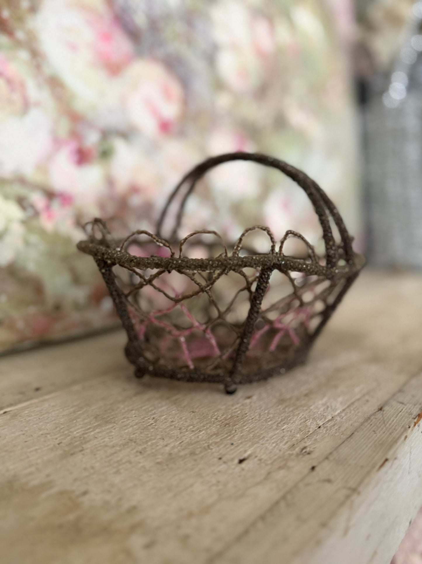 Vintage Beaded Basket Pink Floral