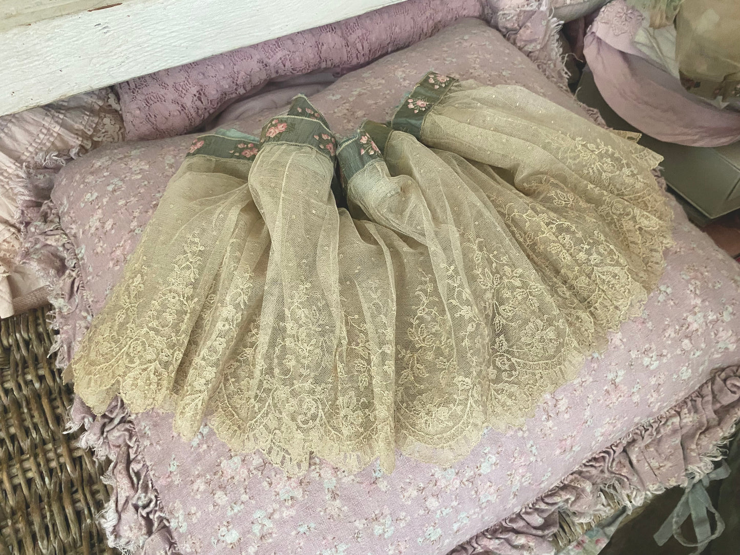 RARE Antique French Chantilly Lace Pink Rose Ribbon Flounce