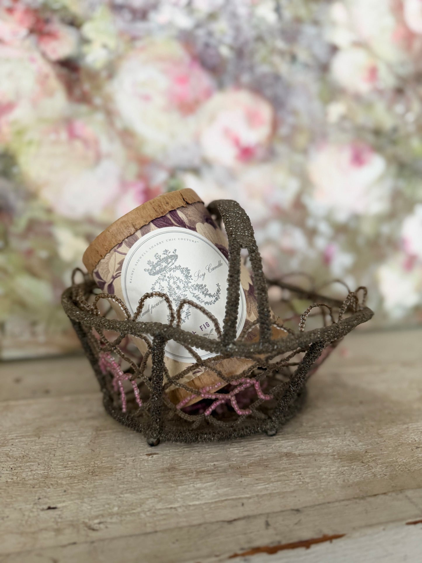 Vintage Beaded Basket Pink Floral