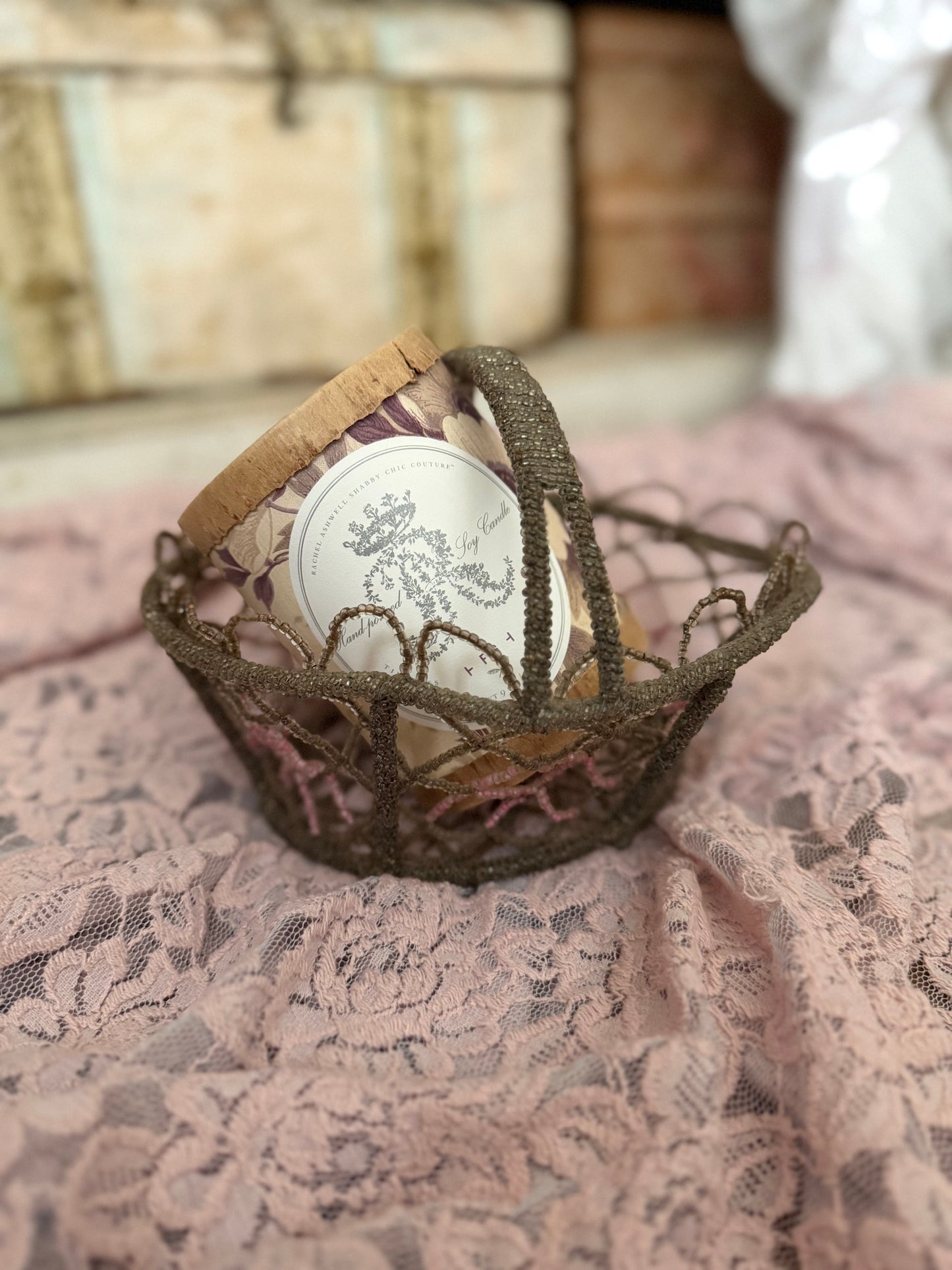 Vintage Beaded Basket Pink Floral