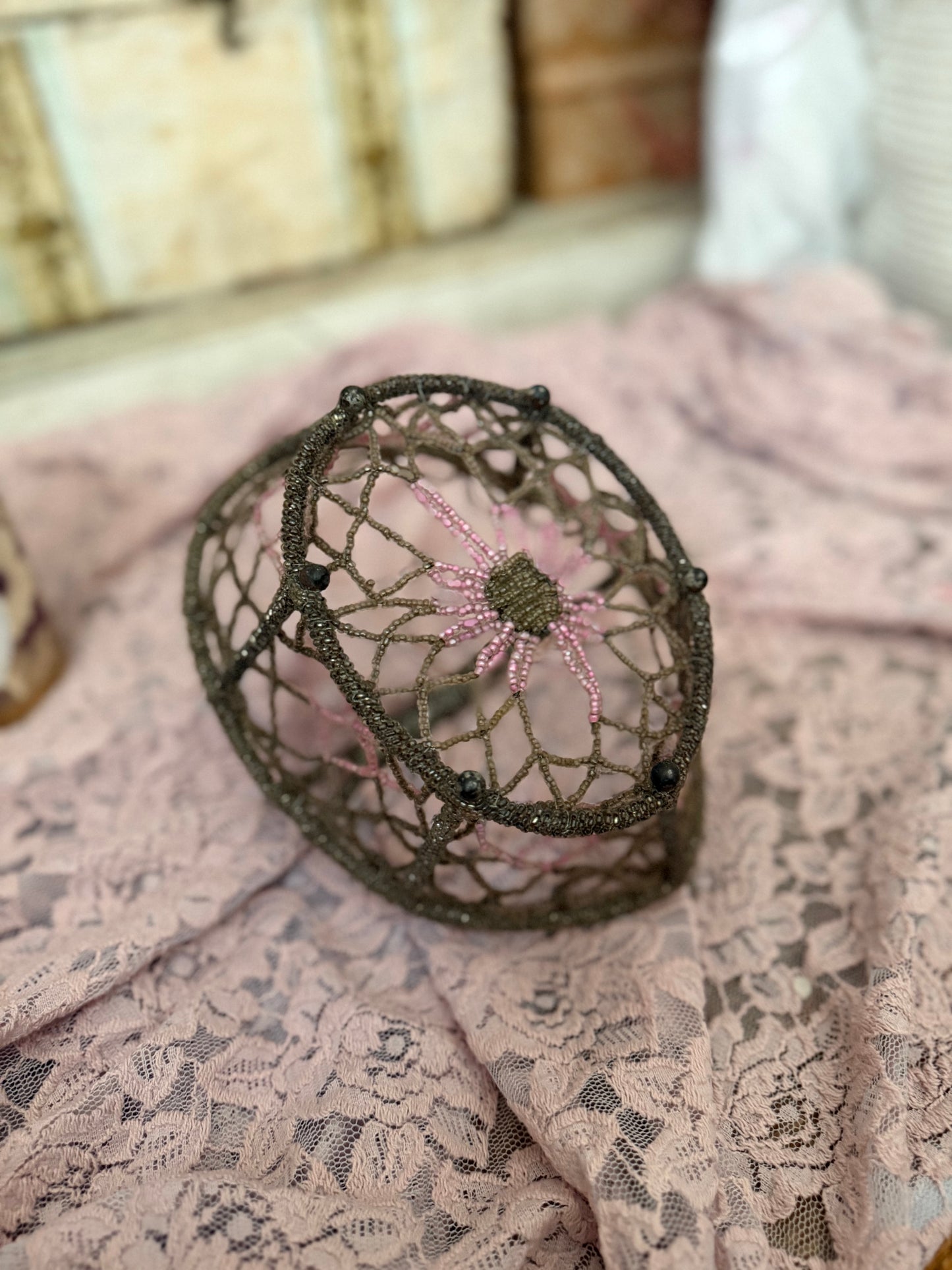 Vintage Beaded Basket Pink Floral