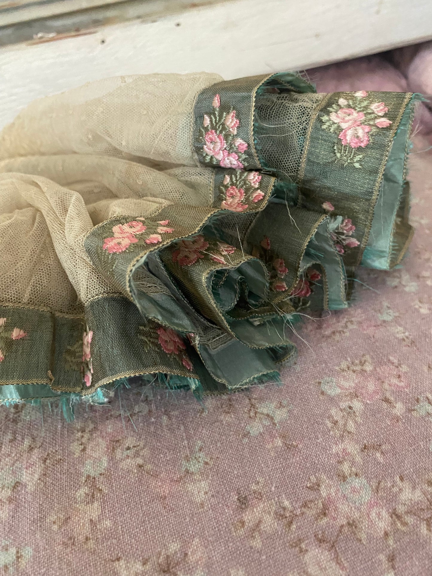 RARE Antique French Chantilly Lace Pink Rose Ribbon Flounce