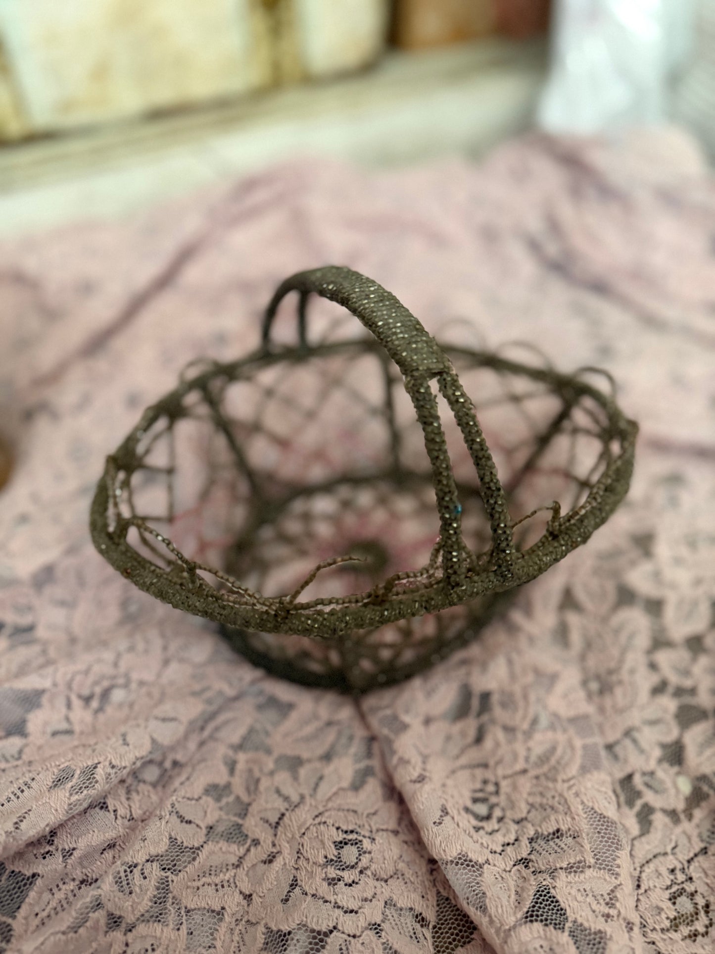 Vintage Beaded Basket Pink Floral