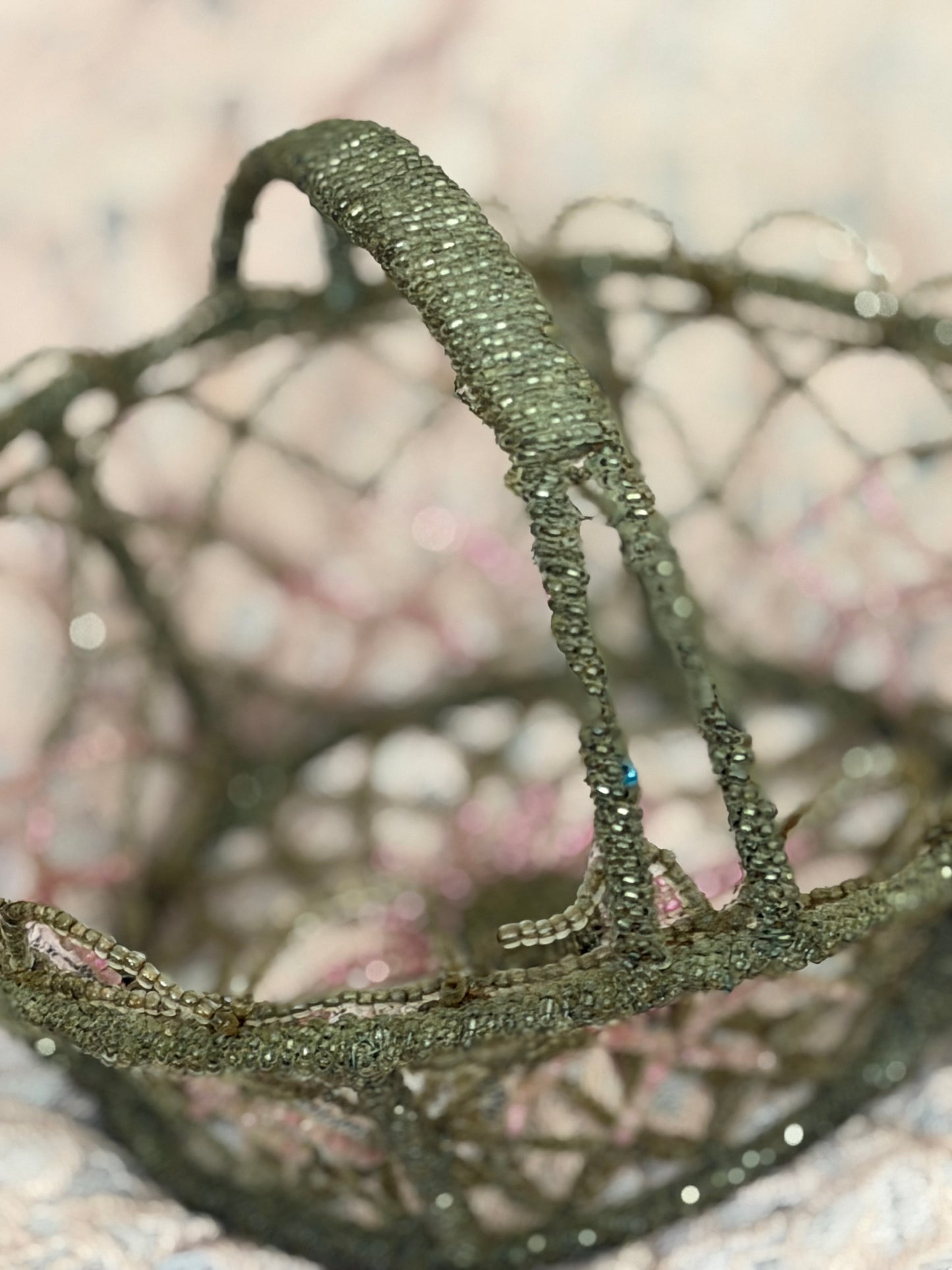 Vintage Beaded Basket Pink Floral