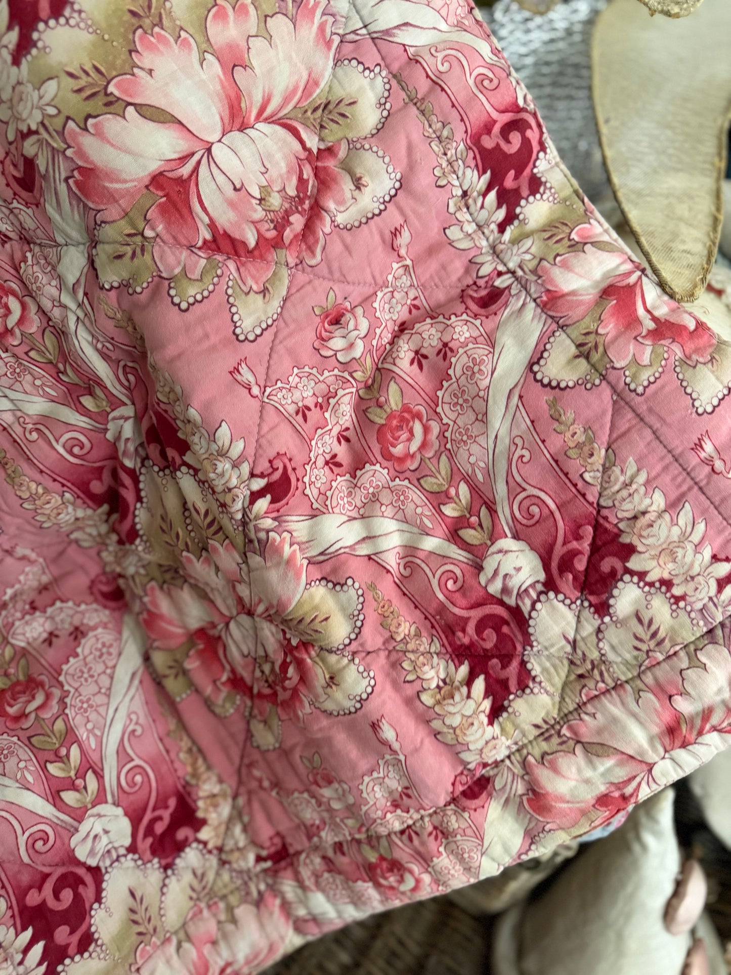 Antique French Baby or Doll Boutis Quilt Pink Floral