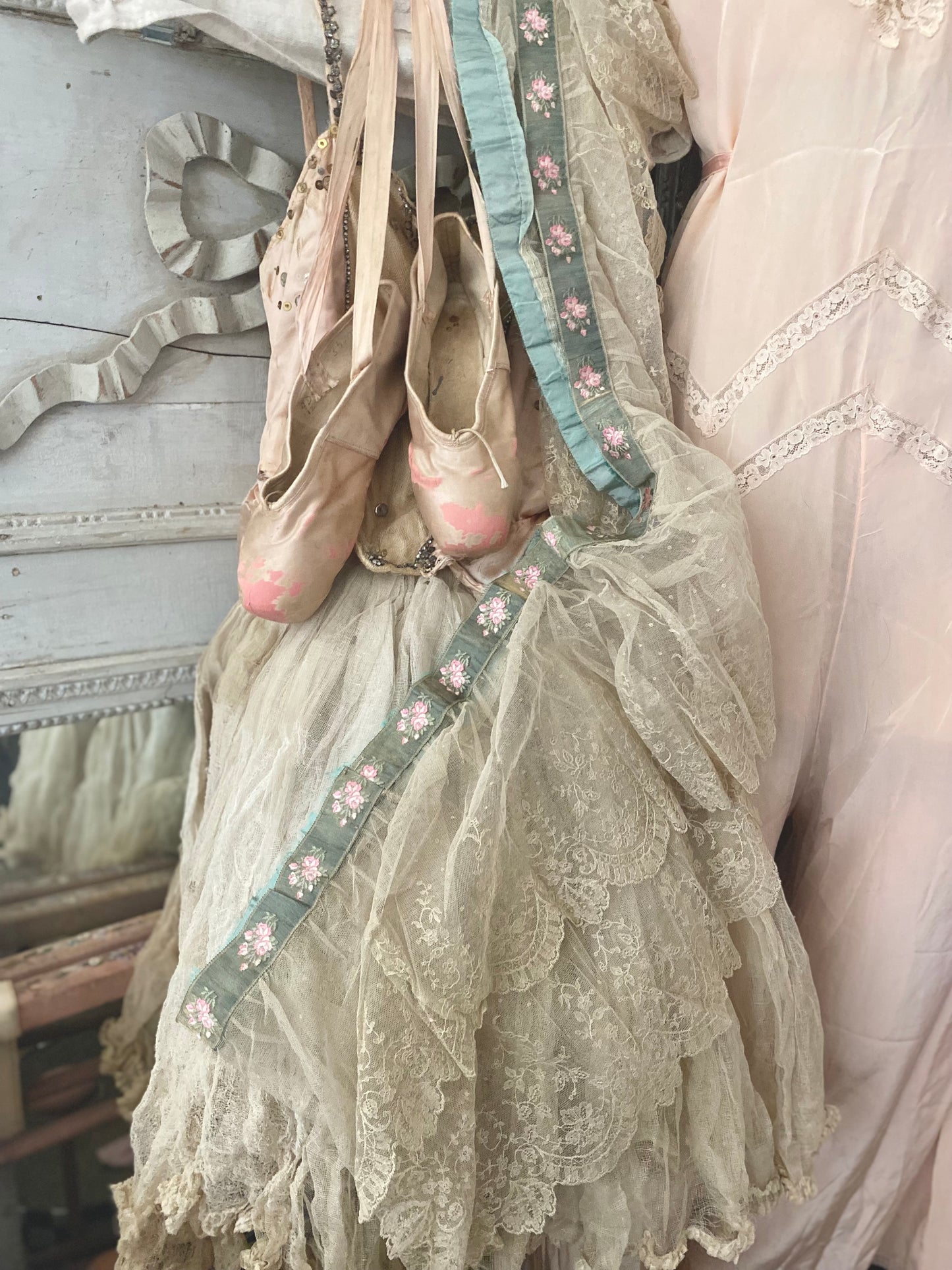 RARE Antique French Chantilly Lace Pink Rose Ribbon Flounce