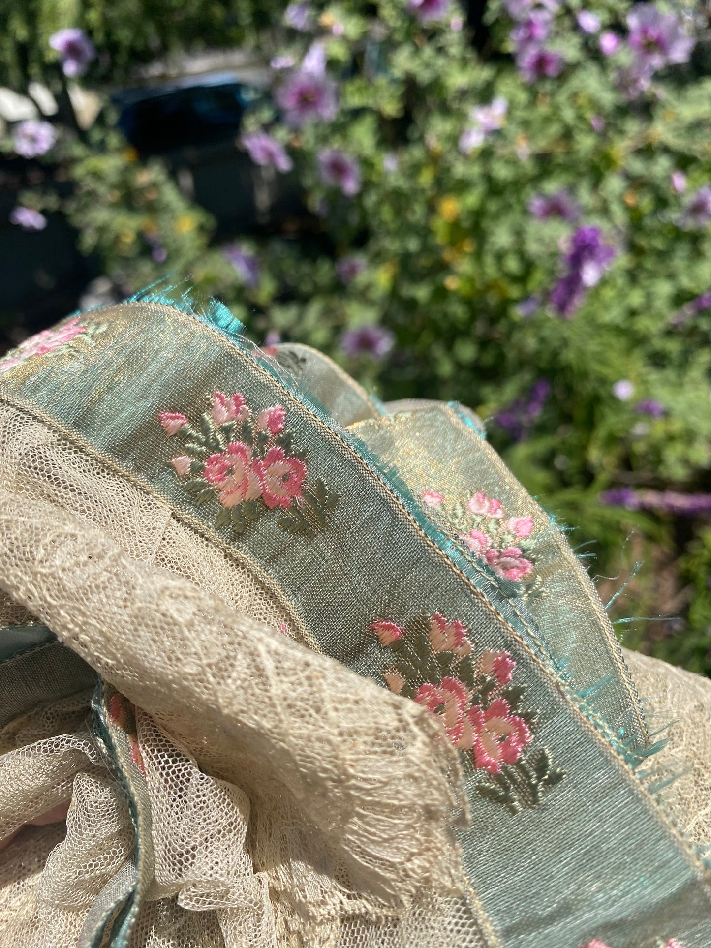 RARE Antique French Chantilly Lace Pink Rose Ribbon Flounce