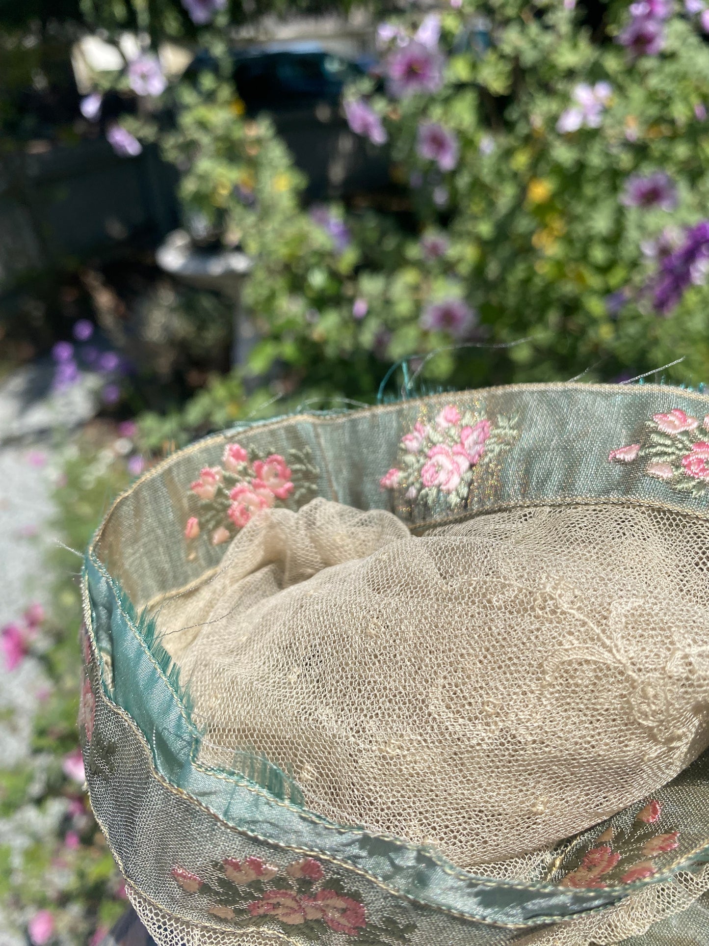 RARE Antique French Chantilly Lace Pink Rose Ribbon Flounce
