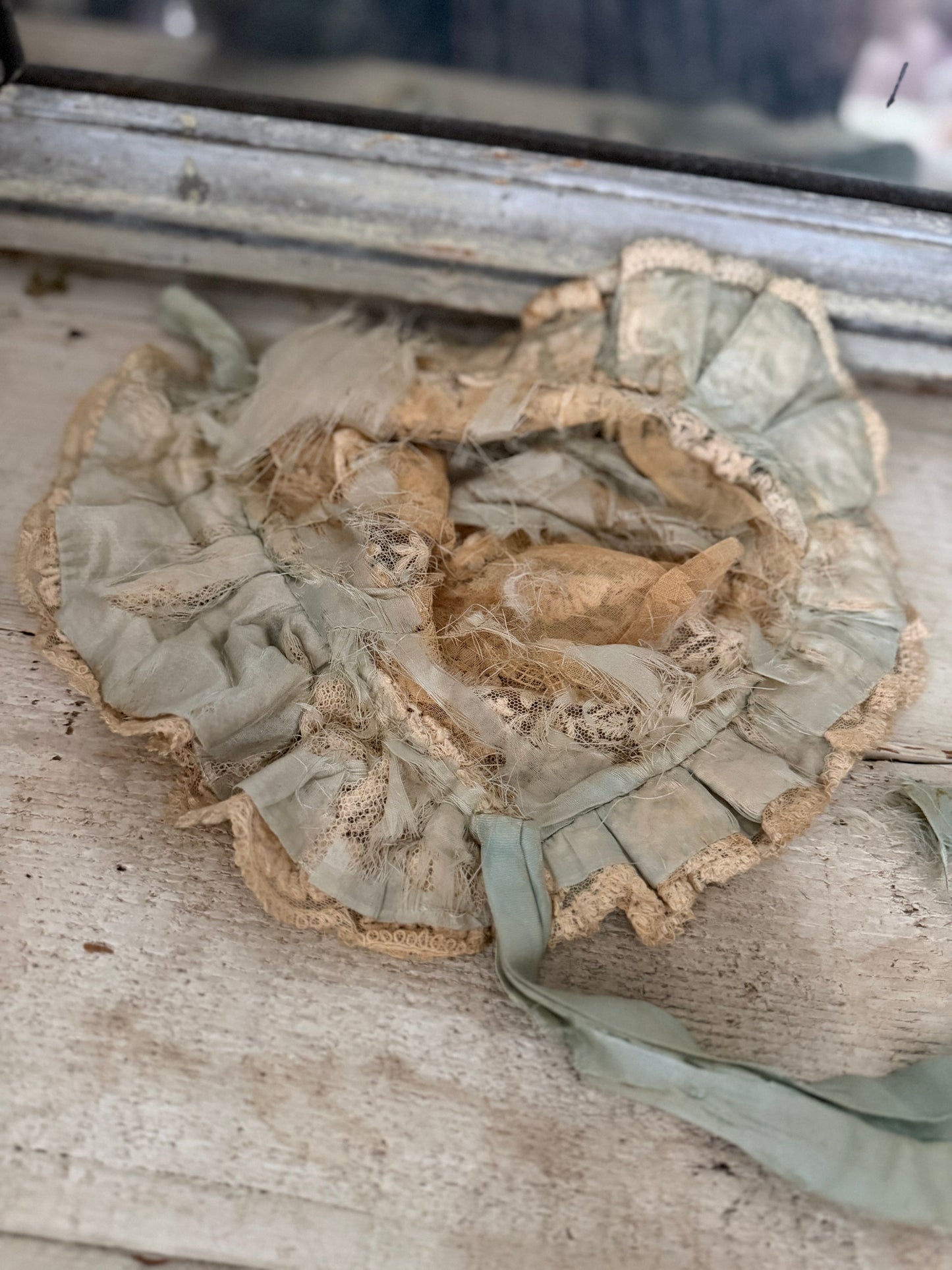 Antique Victorian Blue Silk Lace Bonnet