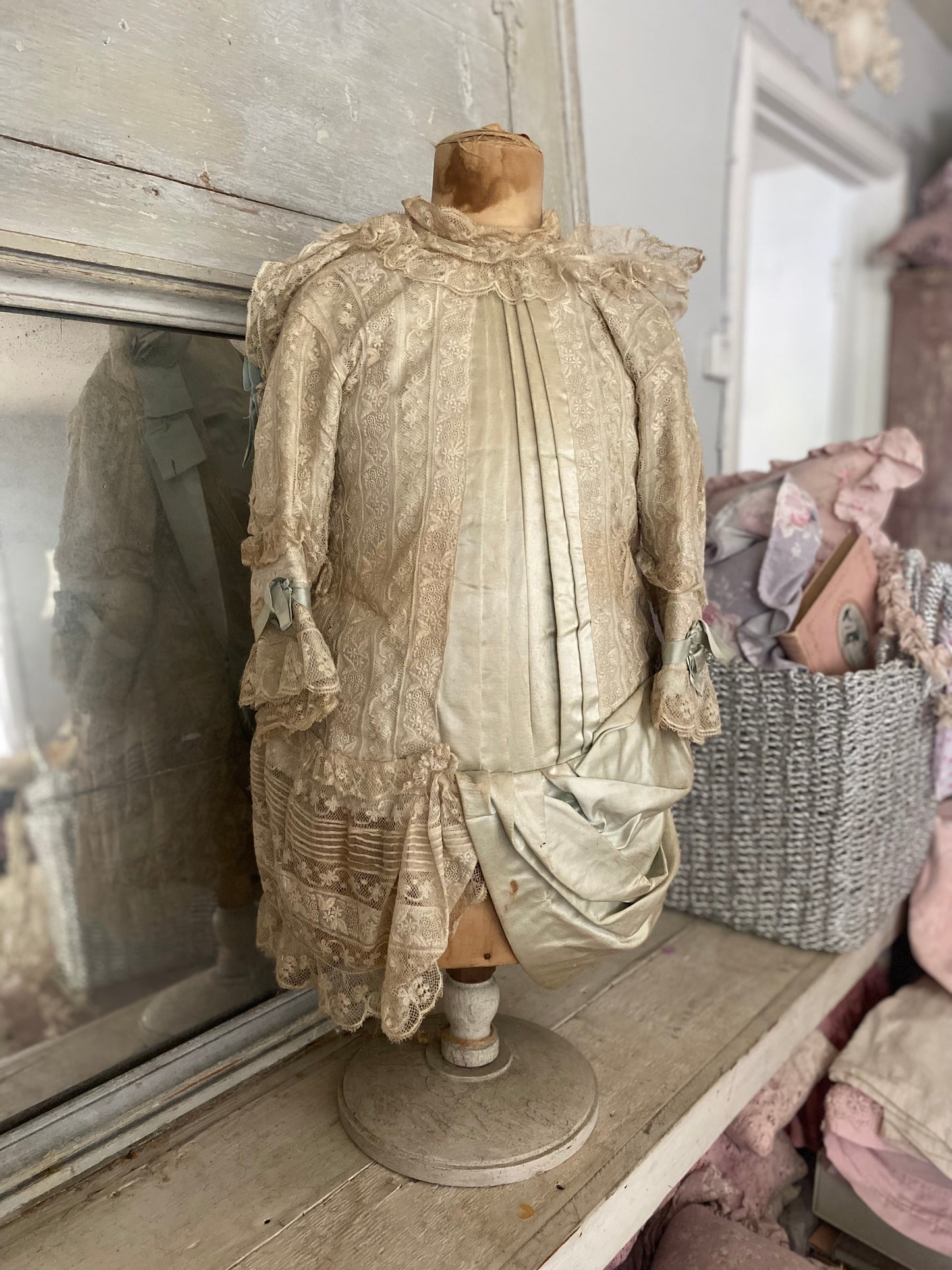 Antique Victorian Girls Gown Dress Blue Silk Lace