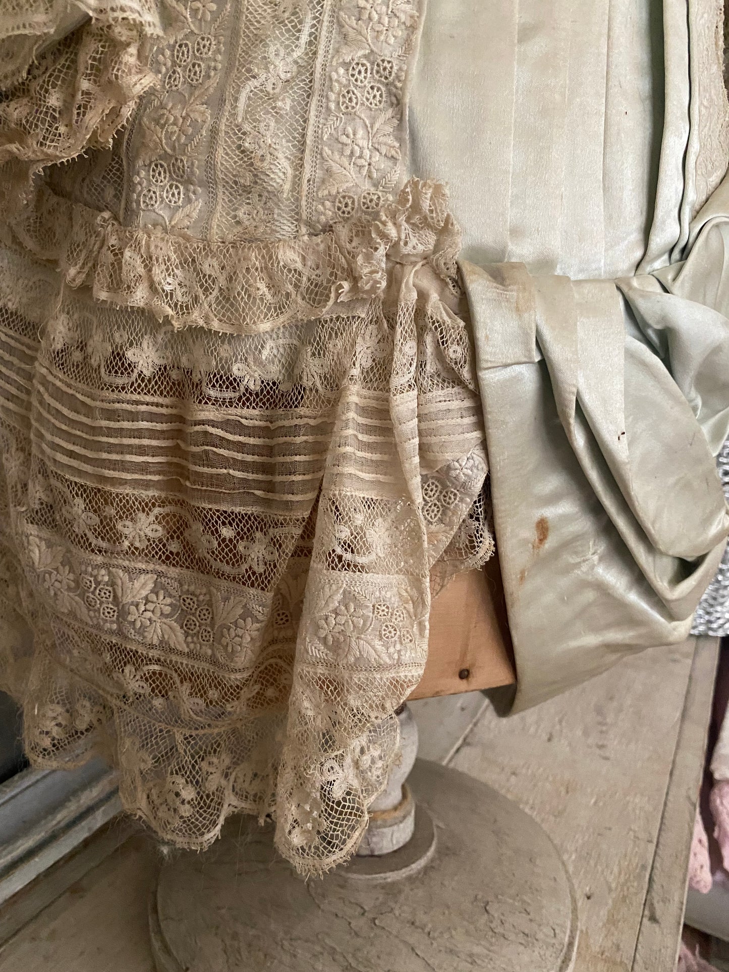 Antique Victorian Girls Gown Dress Blue Silk Lace
