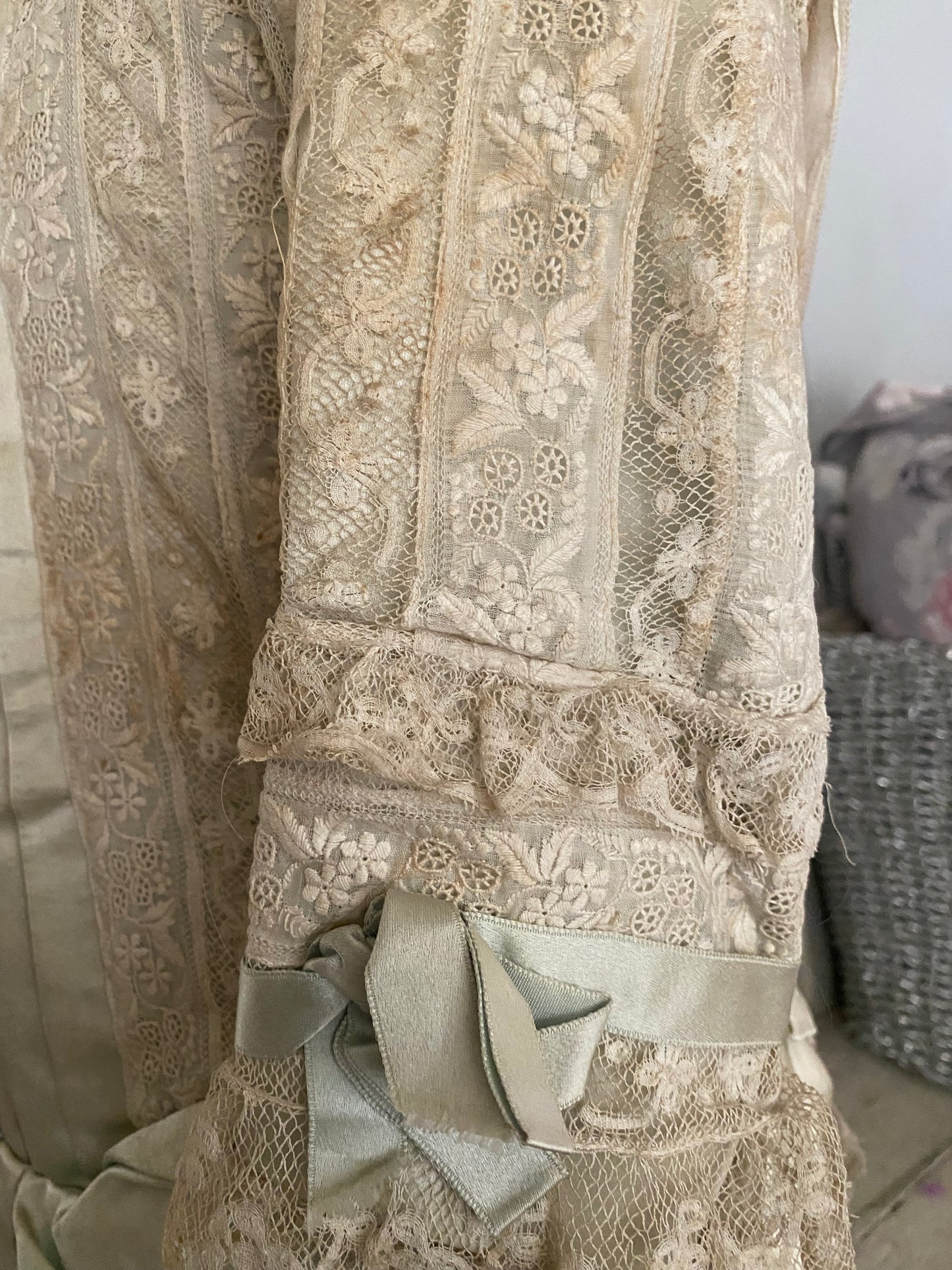 Antique Victorian Girls Gown Dress Blue Silk Lace