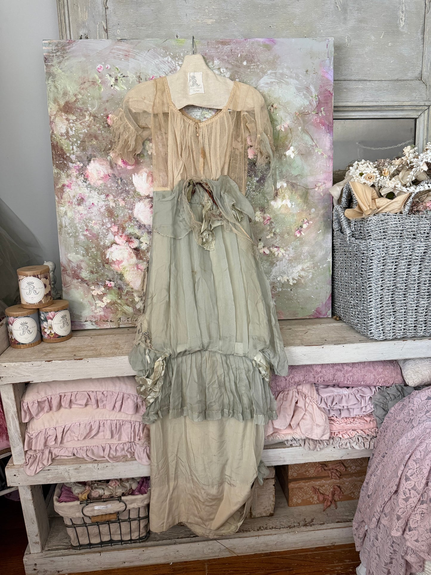 Antique Edwardian Blue Silk Lace Dress