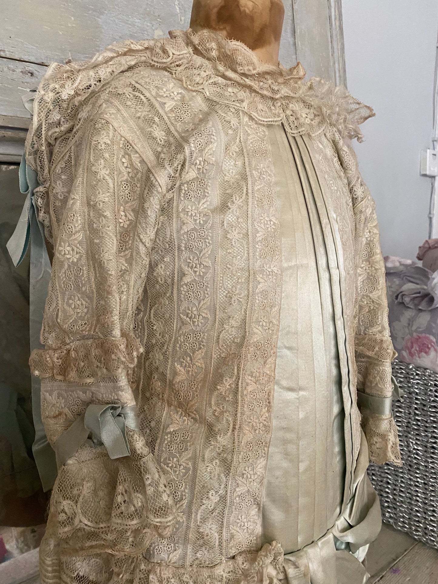 Antique Victorian Girls Gown Dress Blue Silk Lace