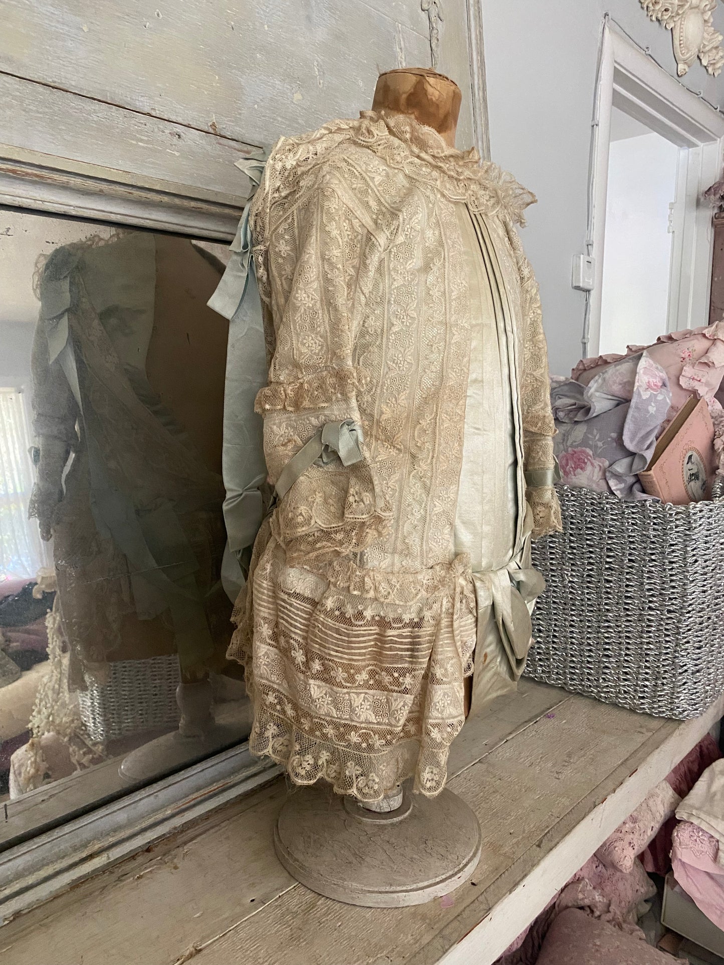 Antique Victorian Girls Gown Dress Blue Silk Lace