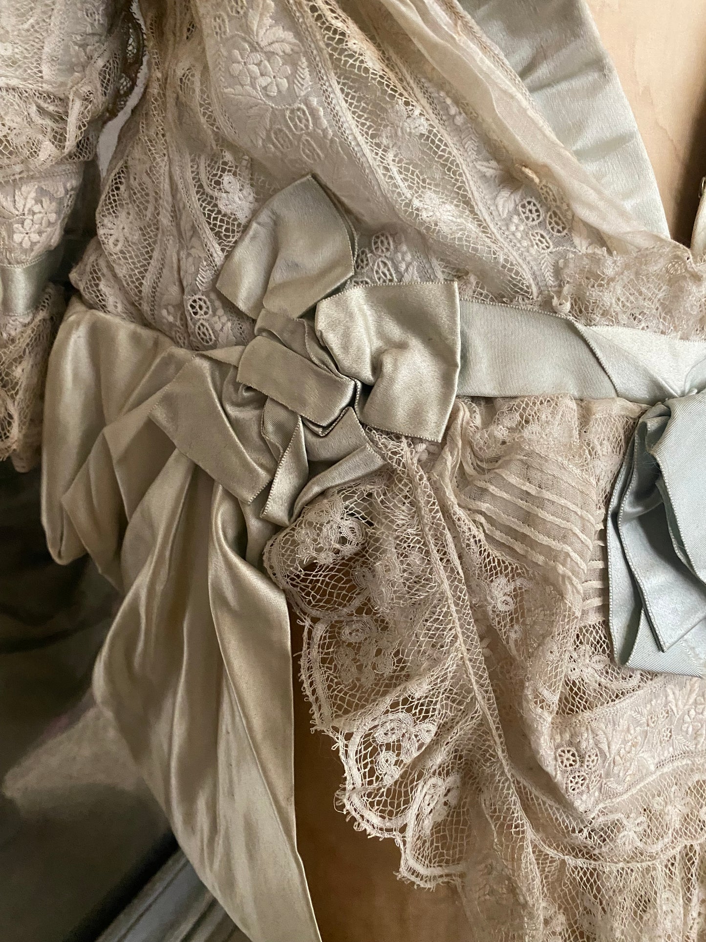Antique Victorian Girls Gown Dress Blue Silk Lace