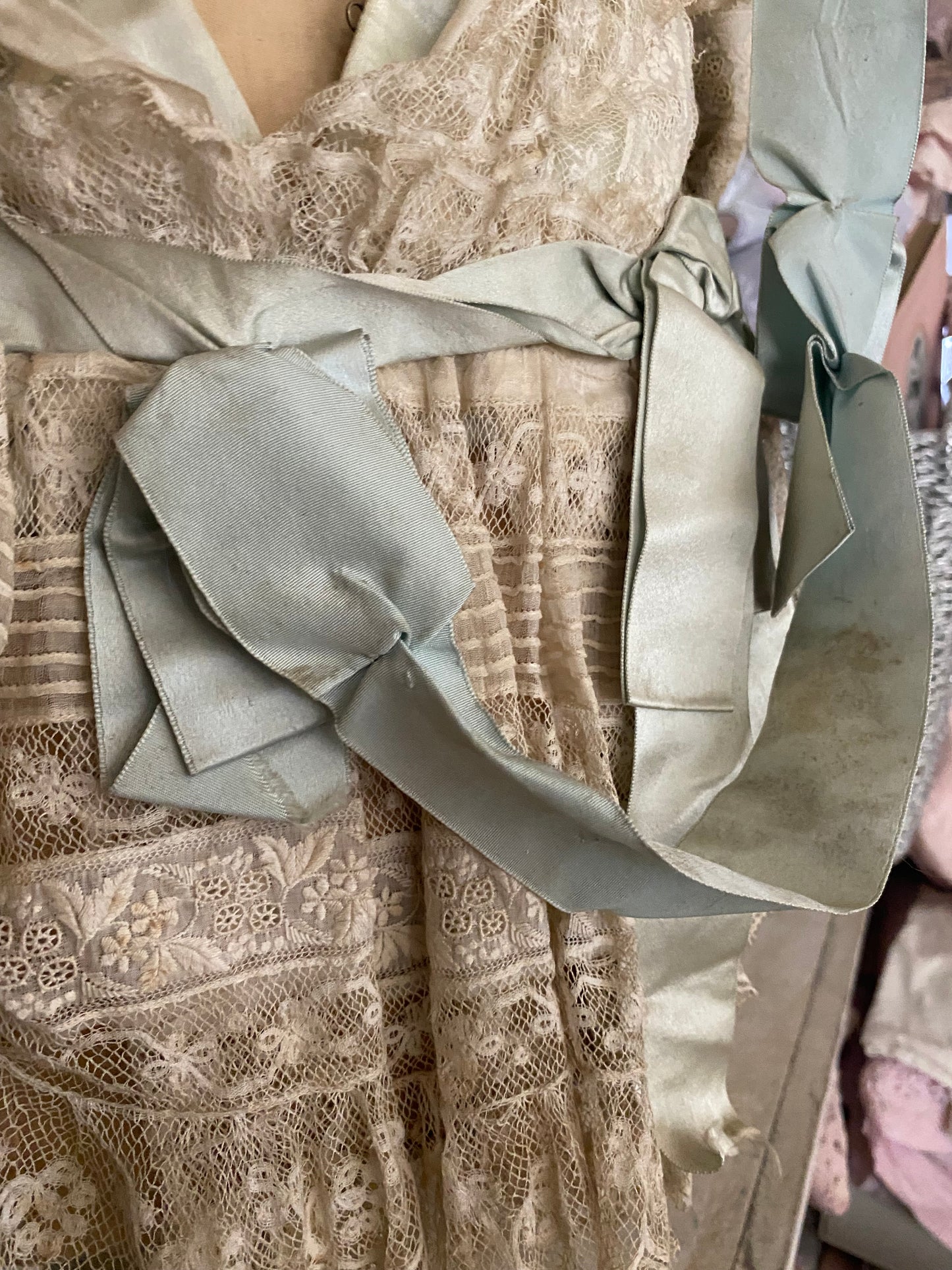 RARE Antique French Chantilly Lace Pink Rose Ribbon Flounce