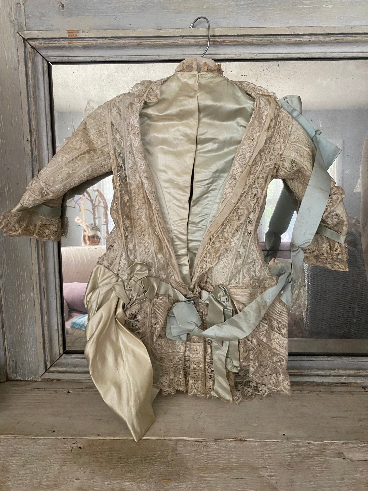 Antique Victorian Girls Gown Dress Blue Silk Lace