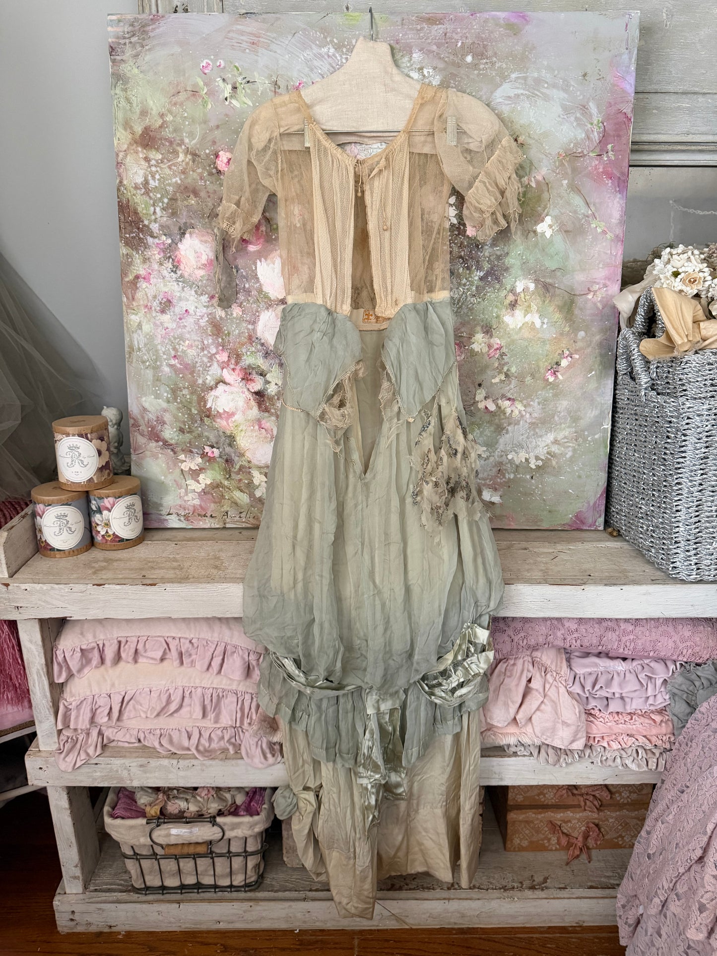 Antique Edwardian Blue Silk Lace Dress